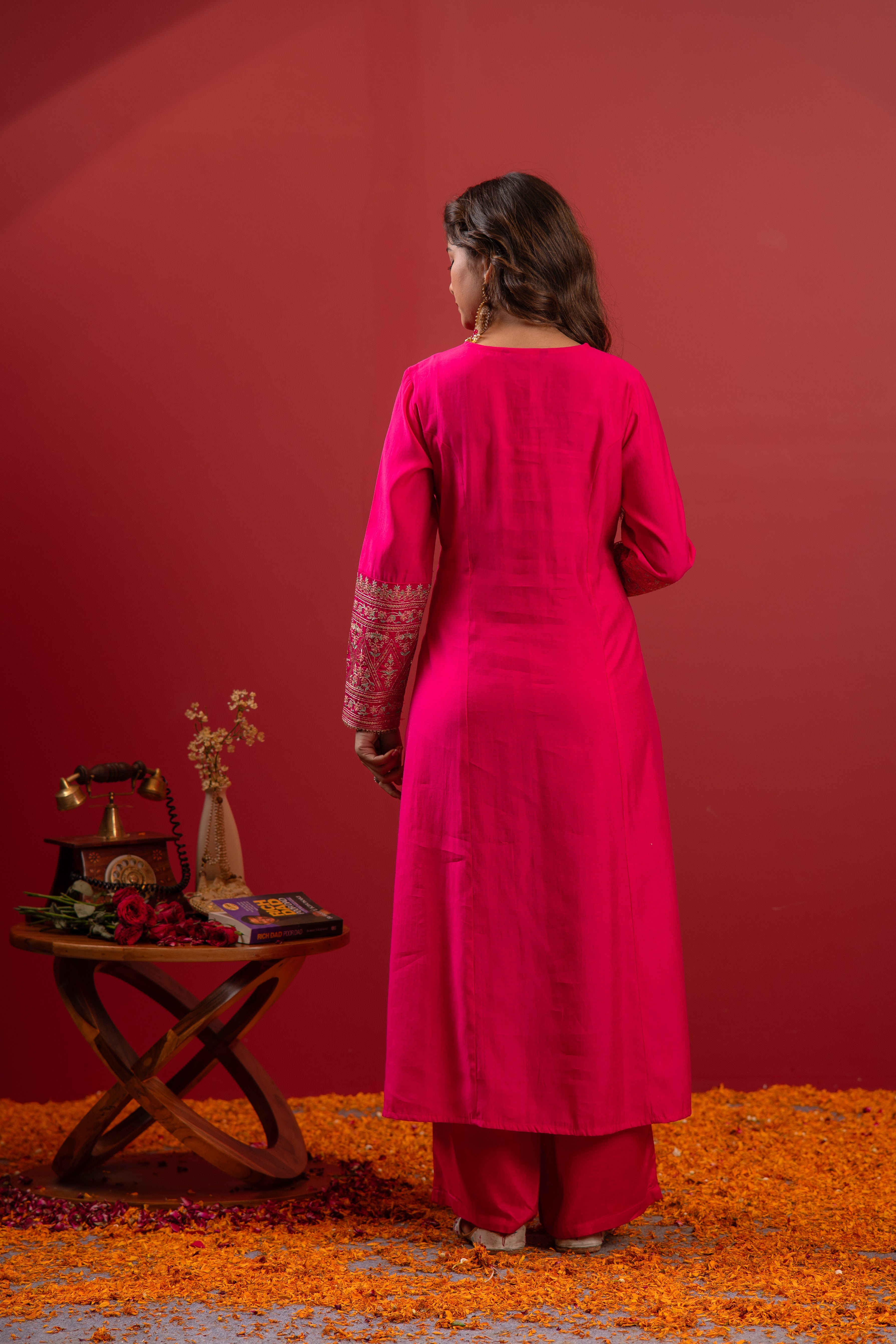 Fuchsia Viscose Solid A-Line Kurta With Pants & Dupatta Set With Zari, Sequence & Dori Work