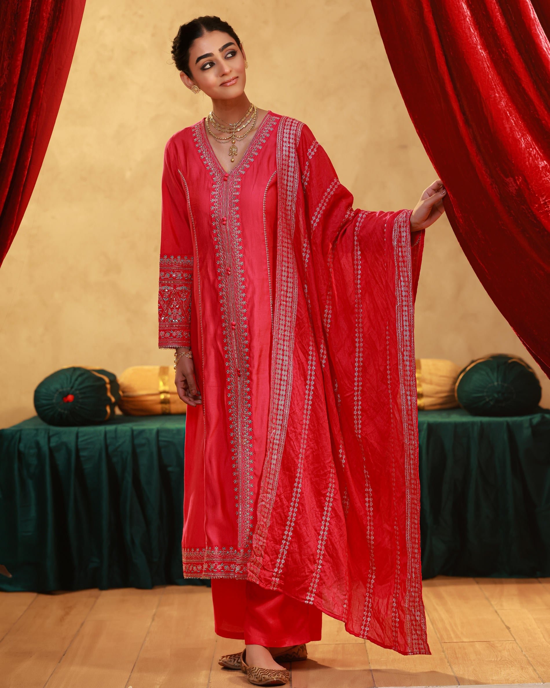 Fuchsia Viscose Solid A-Line Kurta With Pants & Dupatta Set With Zari, Sequence & Dori Work