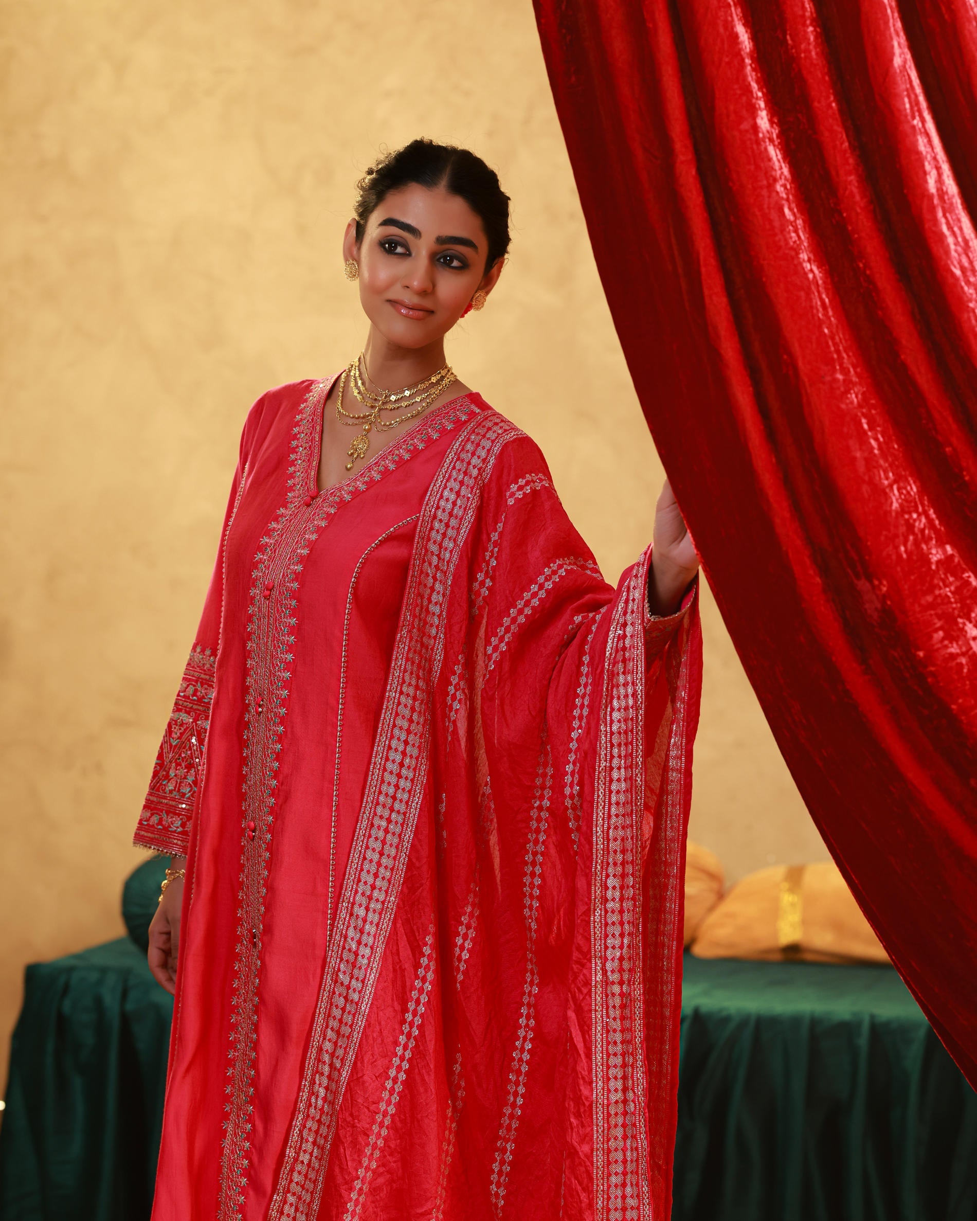 Fuchsia Viscose Solid A-Line Kurta With Pants & Dupatta Set With Zari, Sequence & Dori Work