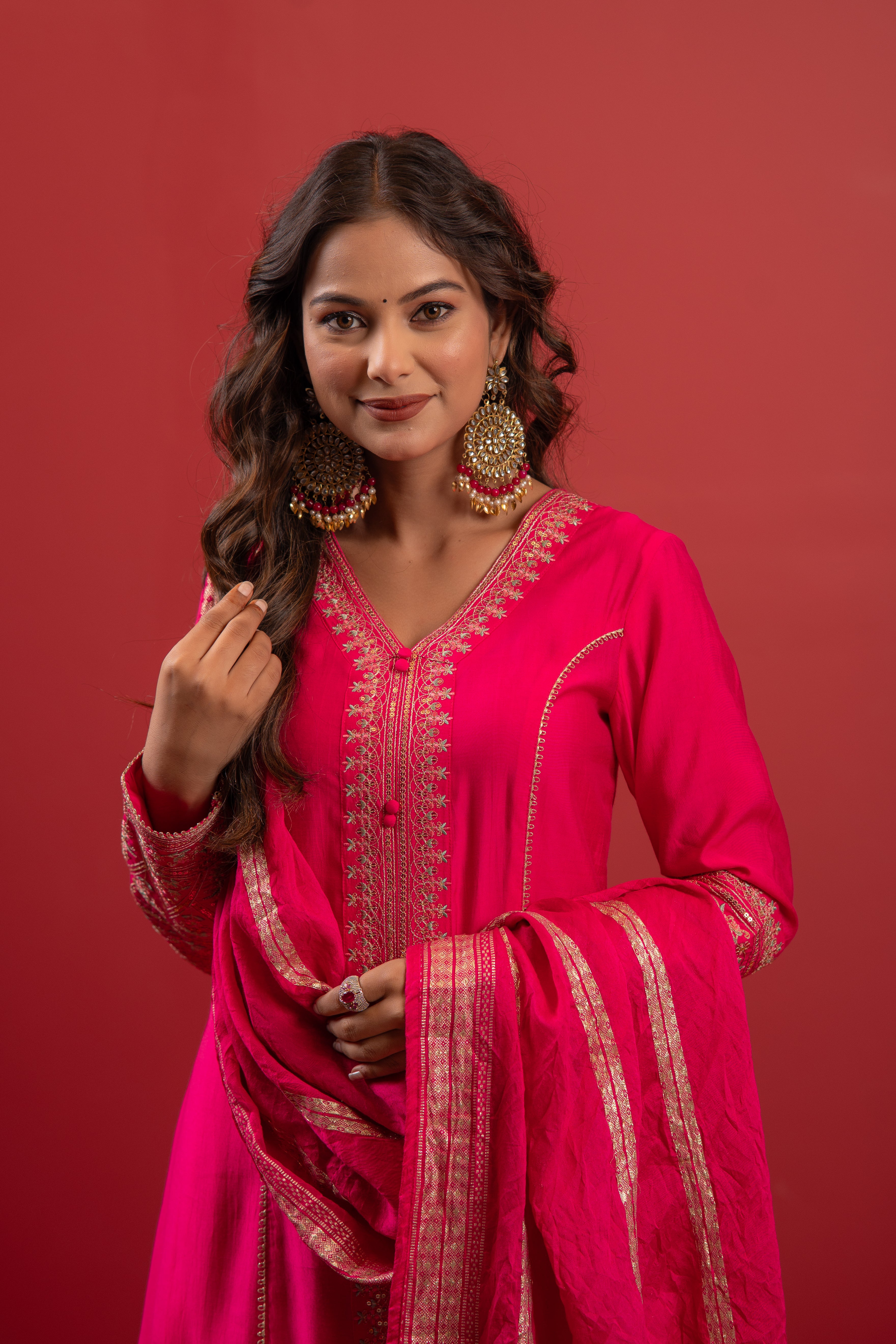 Fuchsia Viscose Solid A-Line Kurta With Pants & Dupatta Set With Zari, Sequence & Dori Work