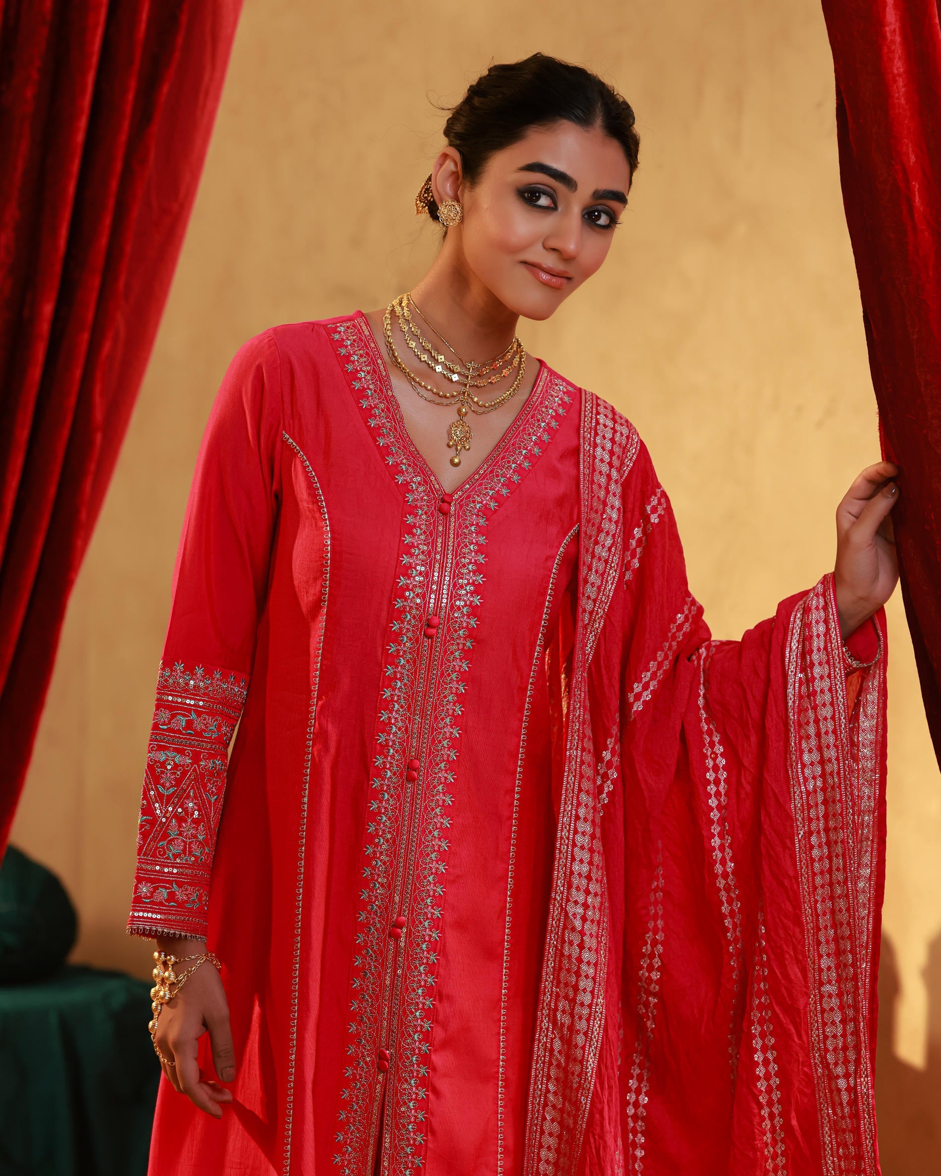 Fuchsia Viscose Solid A-Line Kurta With Pants & Dupatta Set With Zari, Sequence & Dori Work