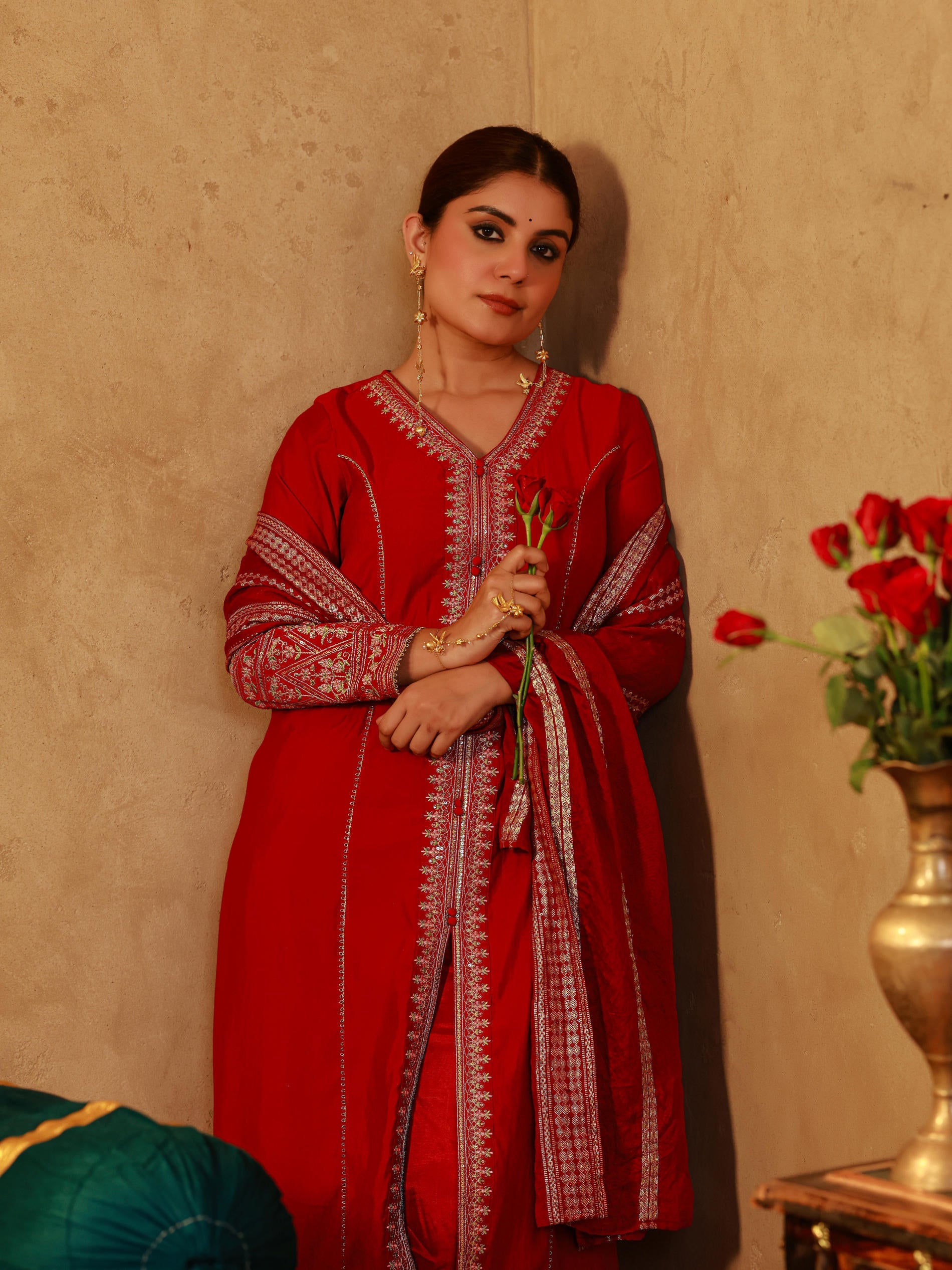 Red Viscose Solid A-Line Kurta With Pants & Dupatta Set With Zari, Sequence & Dori Work