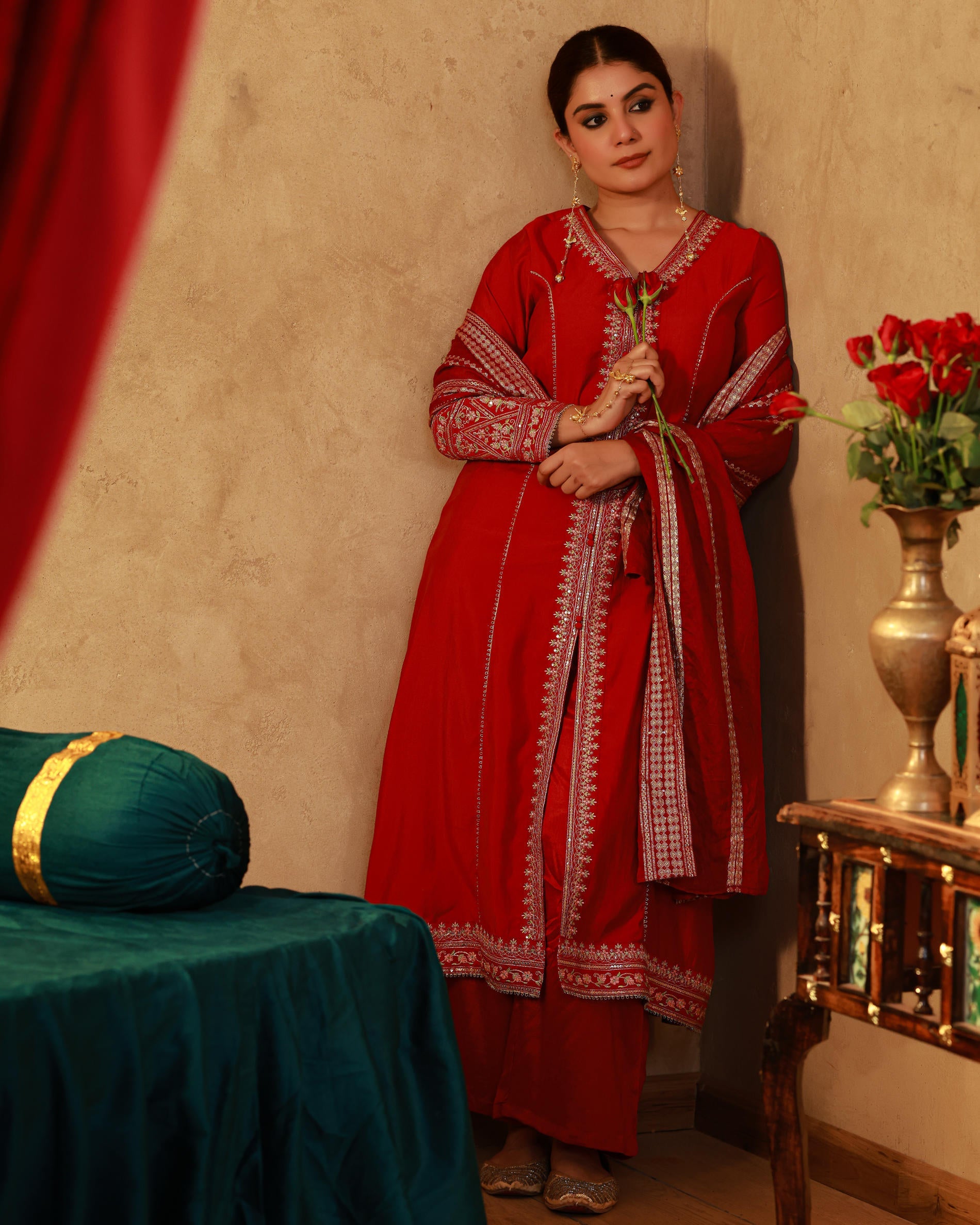 Red Viscose Solid A-Line Kurta With Pants & Dupatta Set With Zari, Sequence & Dori Work