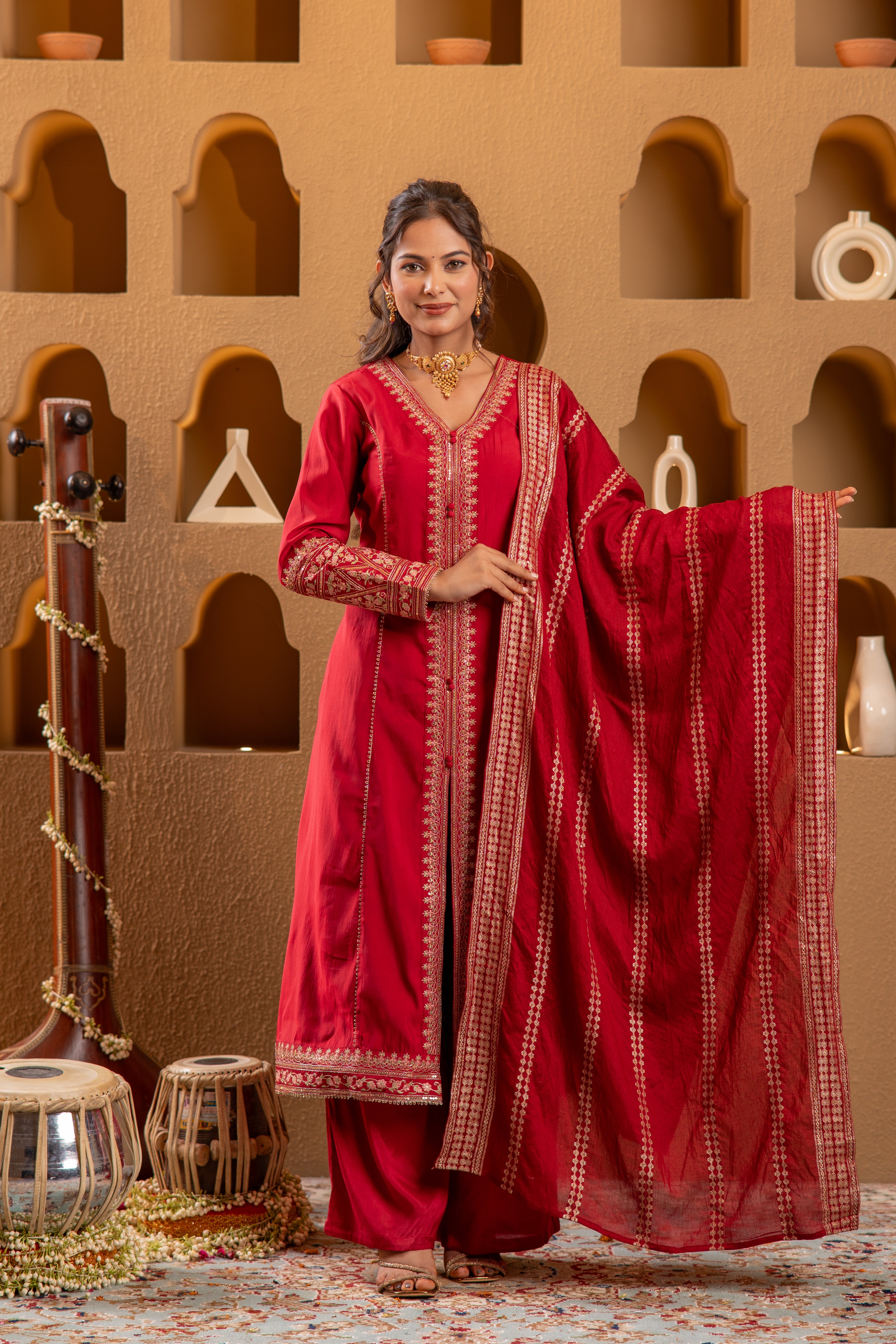 Red Viscose Solid A-Line Kurta With Pants & Dupatta Set With Zari, Sequence & Dori Work