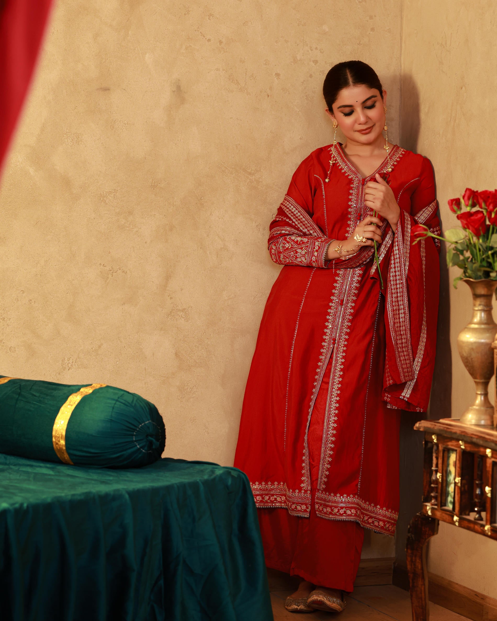 Red Viscose Solid A-Line Kurta With Pants & Dupatta Set With Zari, Sequence & Dori Work