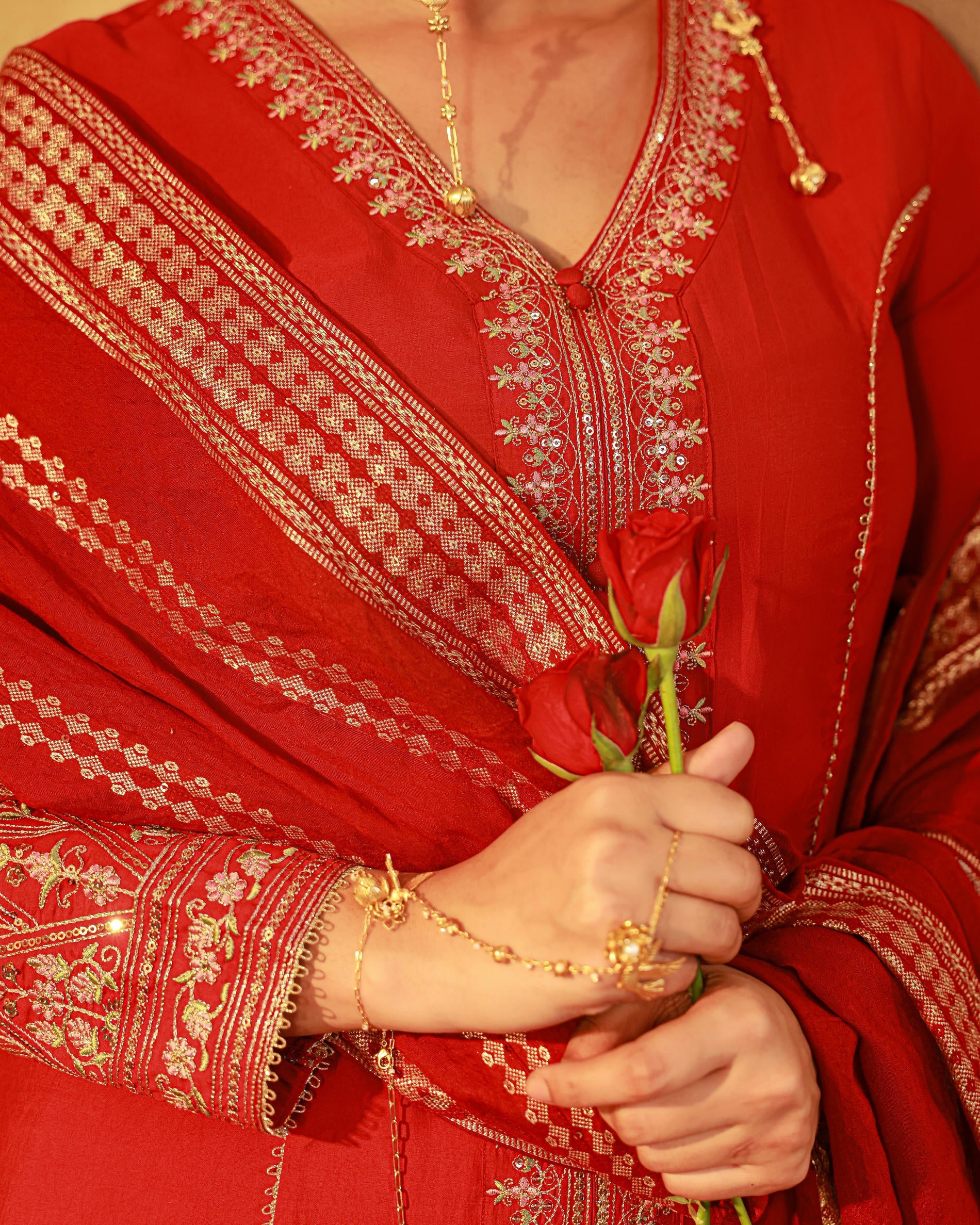 Red Viscose Solid A-Line Kurta With Pants & Dupatta Set With Zari, Sequence & Dori Work