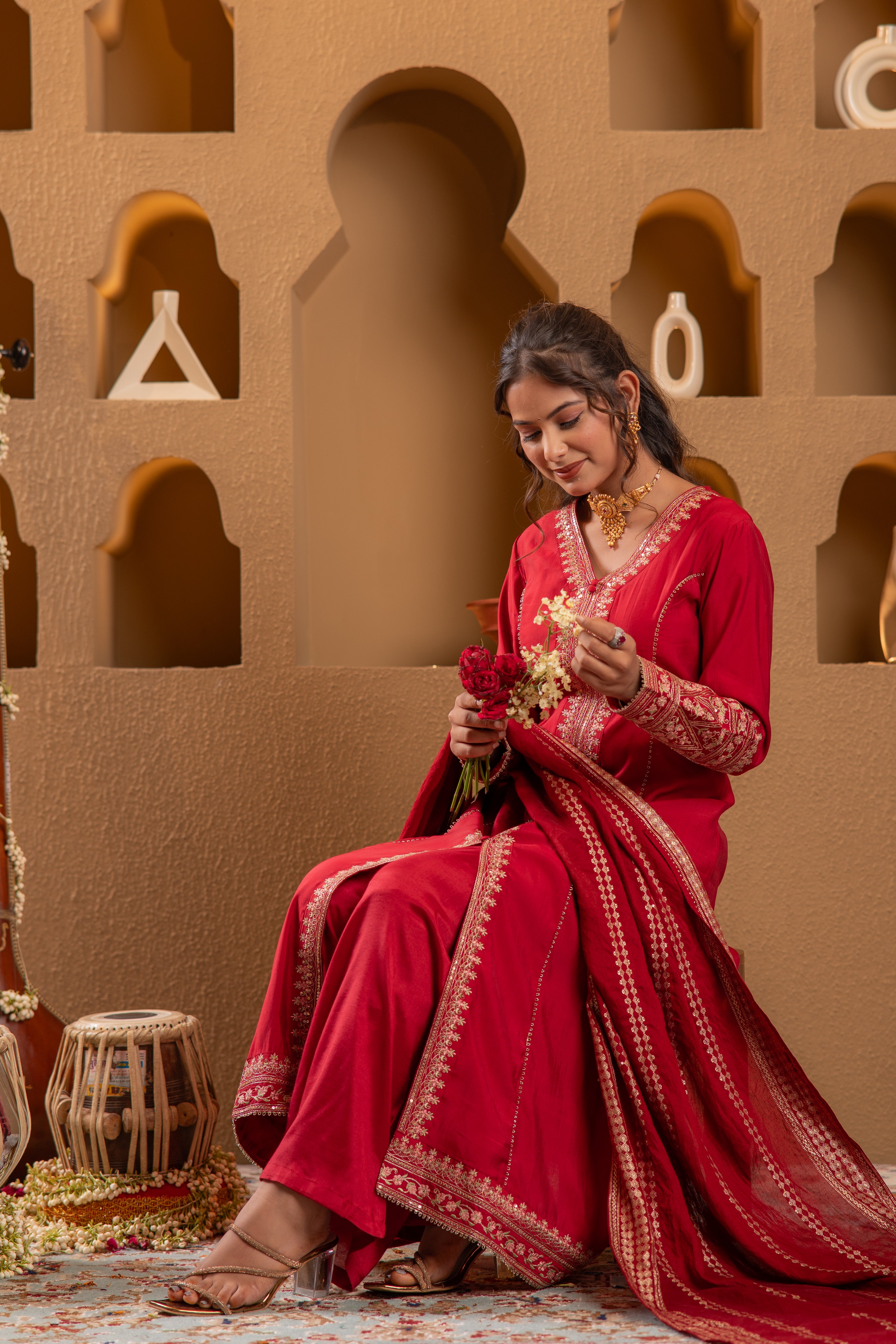 Red Viscose Solid A-Line Kurta With Pants & Dupatta Set With Zari, Sequence & Dori Work
