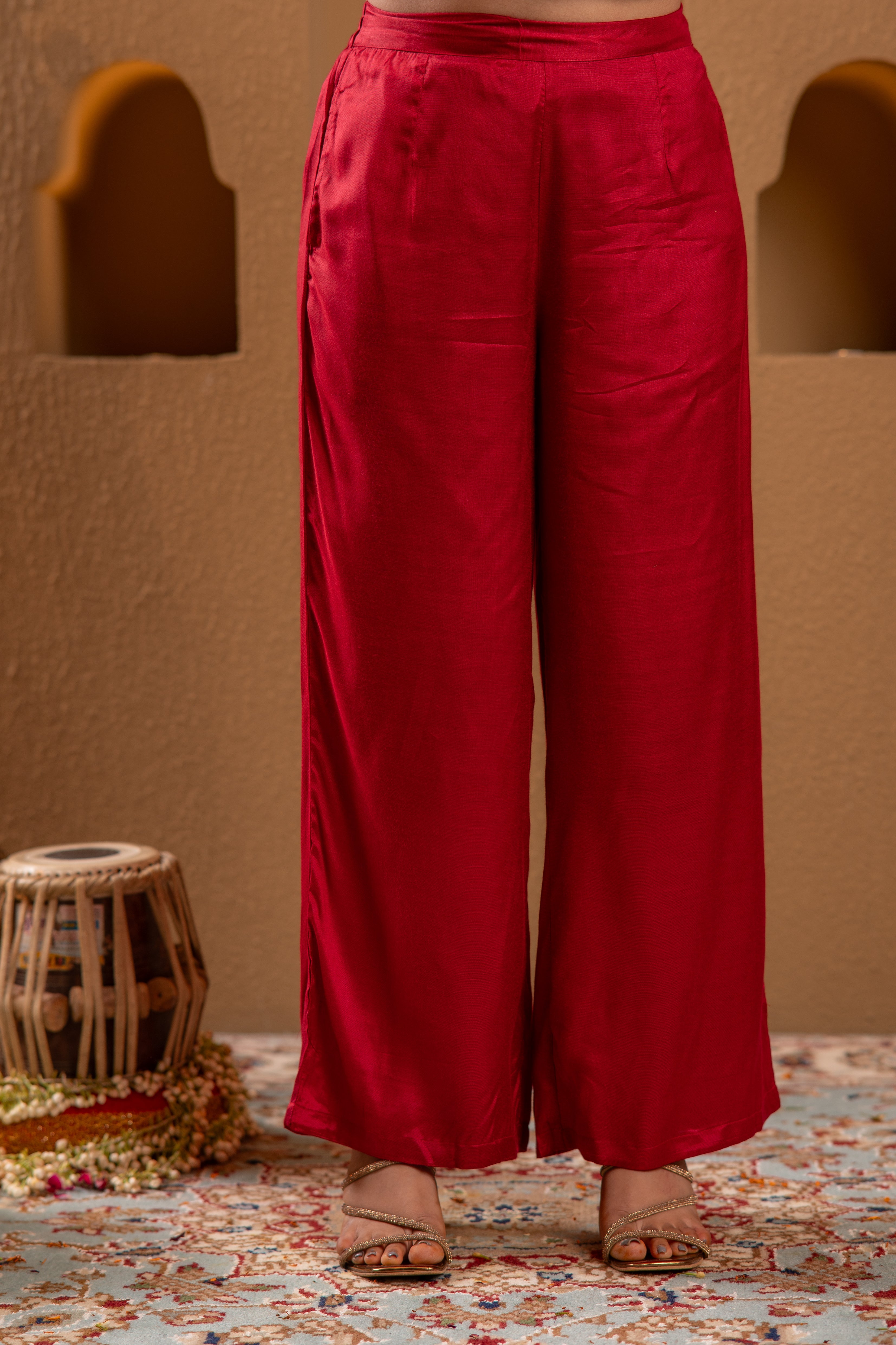 Red Viscose Solid A-Line Kurta With Pants & Dupatta Set With Zari, Sequence & Dori Work