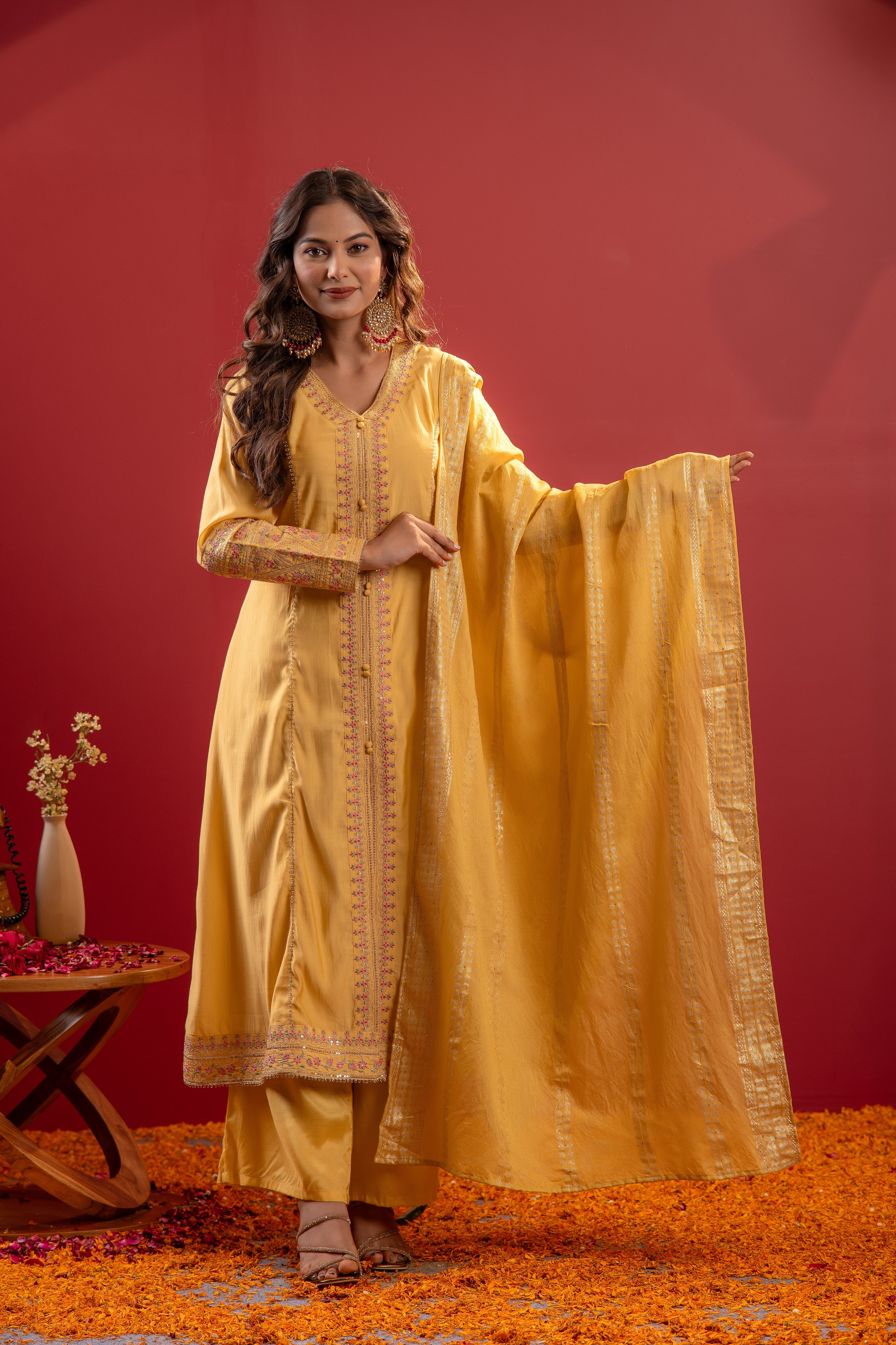Yellow Viscose Solid A-Line Kurta With Pants & Dupatta Set With Zari, Sequence & Dori Work