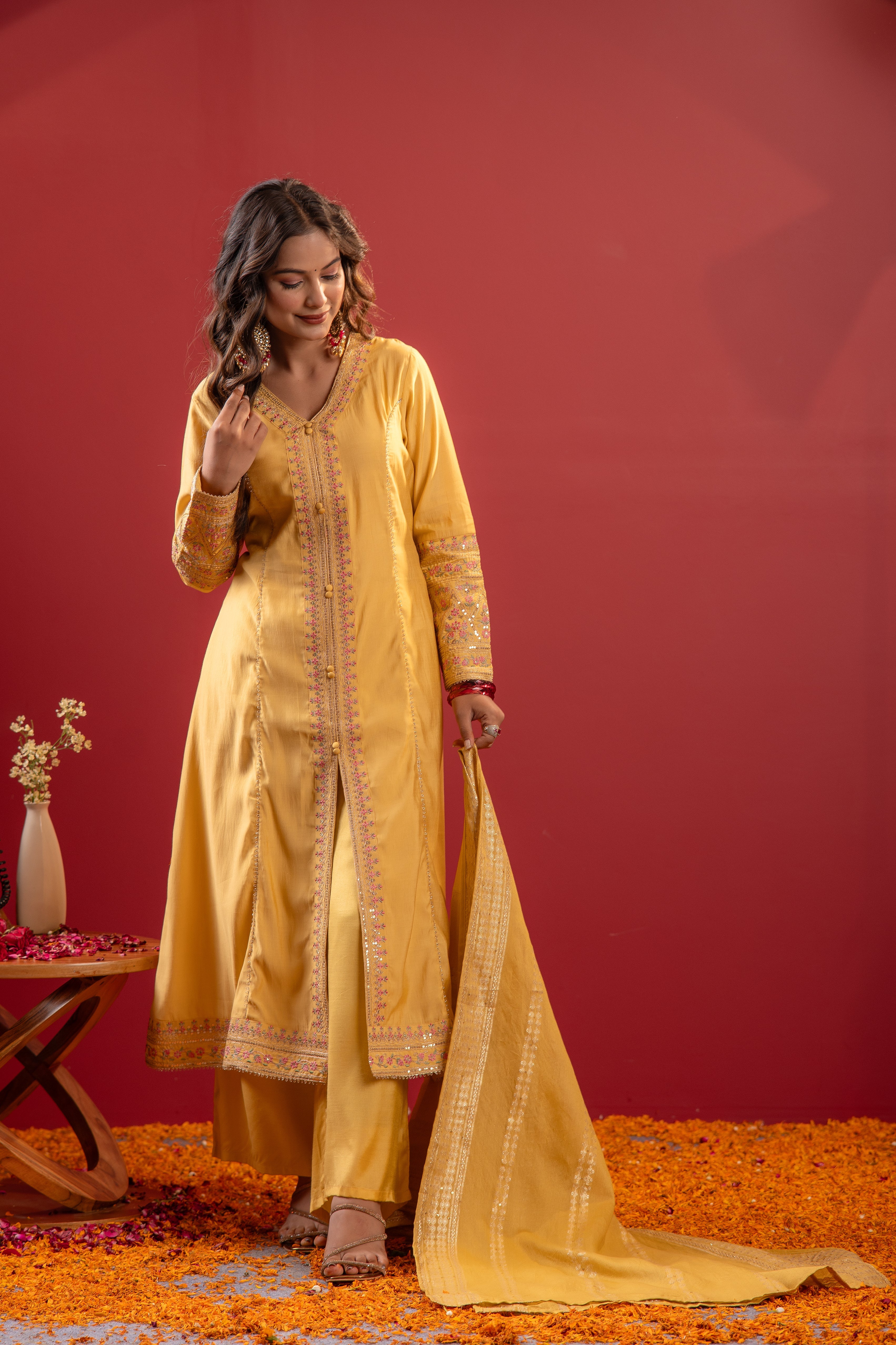 Yellow Viscose Solid A-Line Kurta With Pants & Dupatta Set With Zari, Sequence & Dori Work