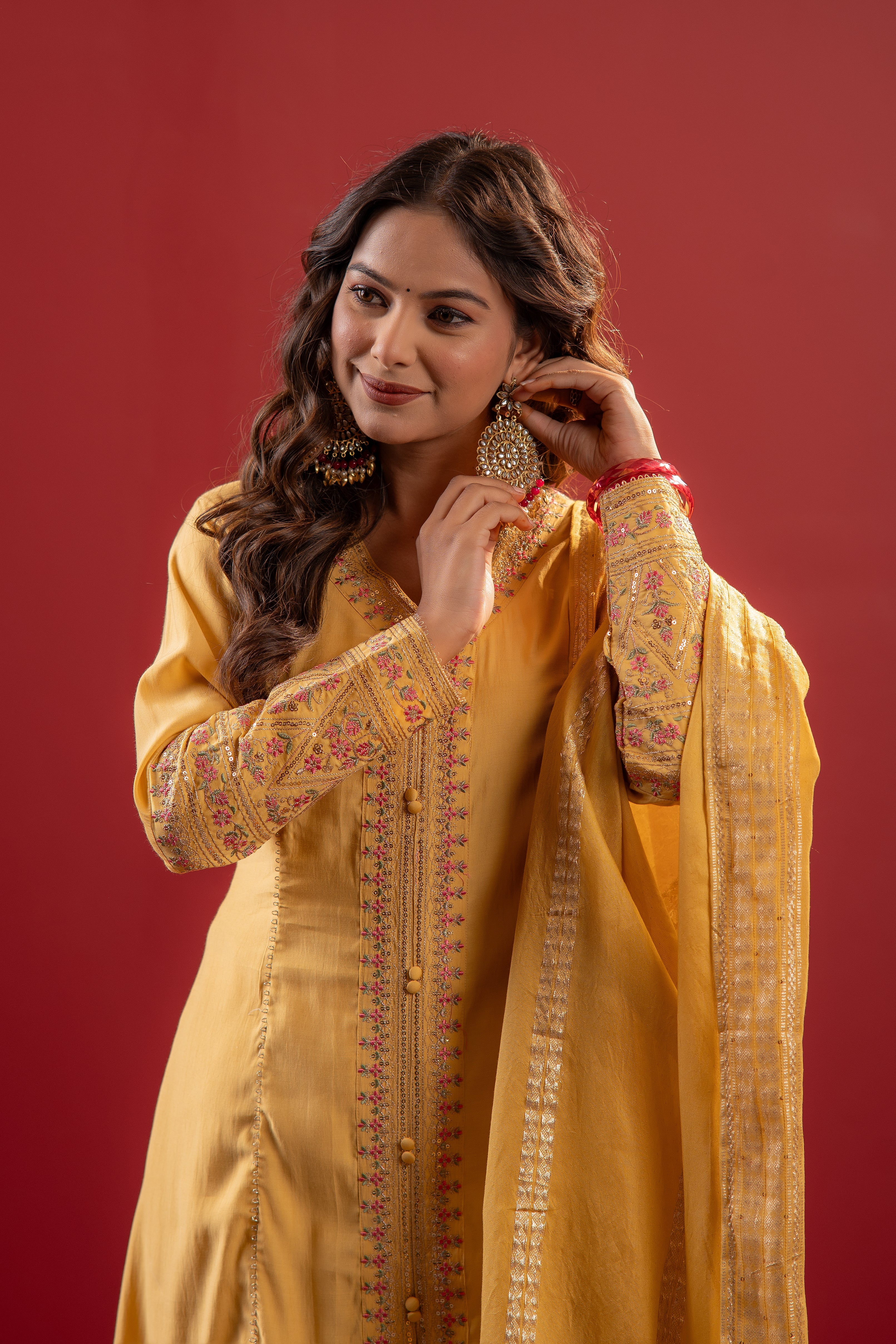 Yellow Viscose Solid A-Line Kurta With Pants & Dupatta Set With Zari, Sequence & Dori Work