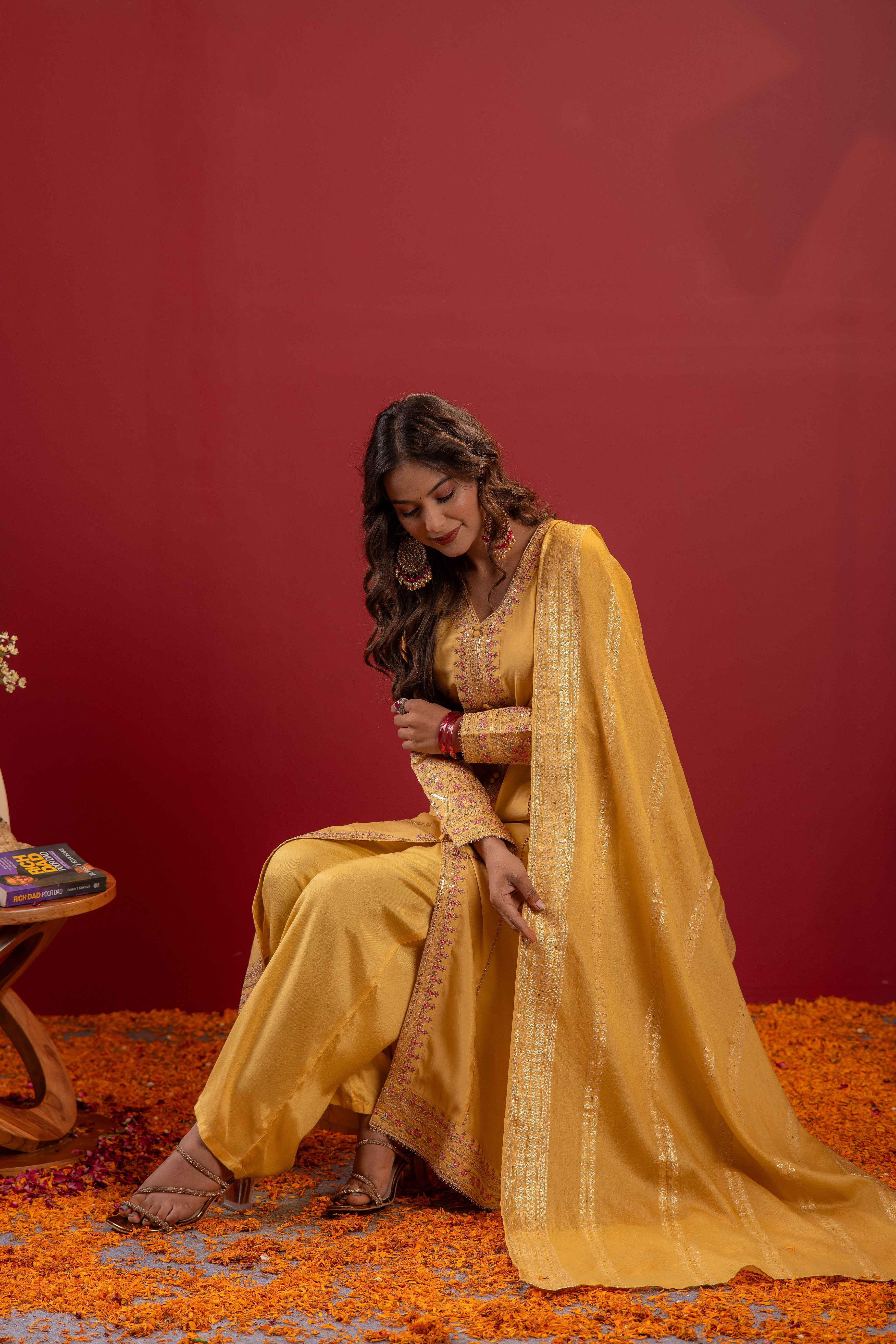 Yellow Viscose Solid A-Line Kurta With Pants & Dupatta Set With Zari, Sequence & Dori Work