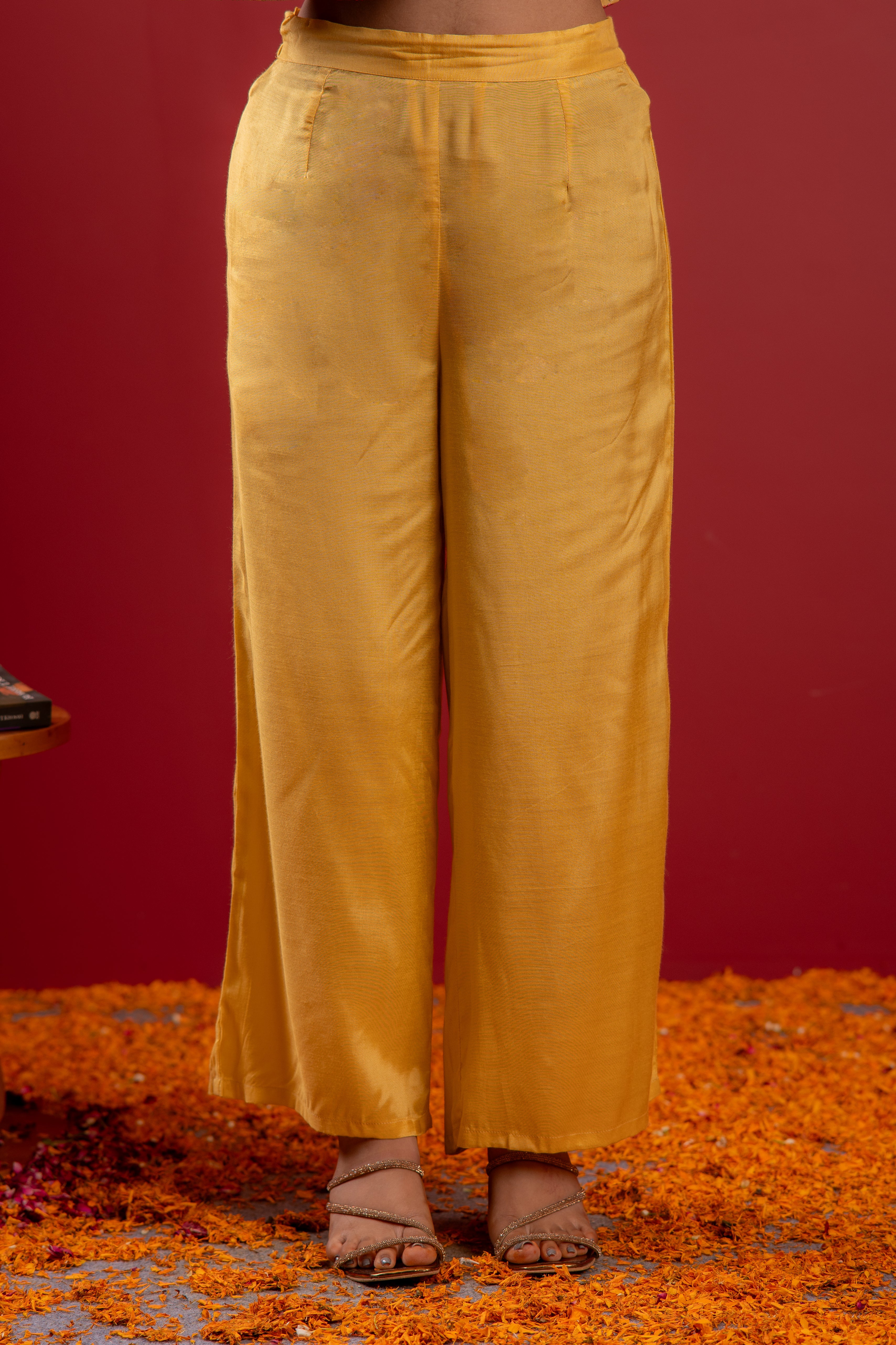 Yellow Viscose Solid A-Line Kurta With Pants & Dupatta Set With Zari, Sequence & Dori Work