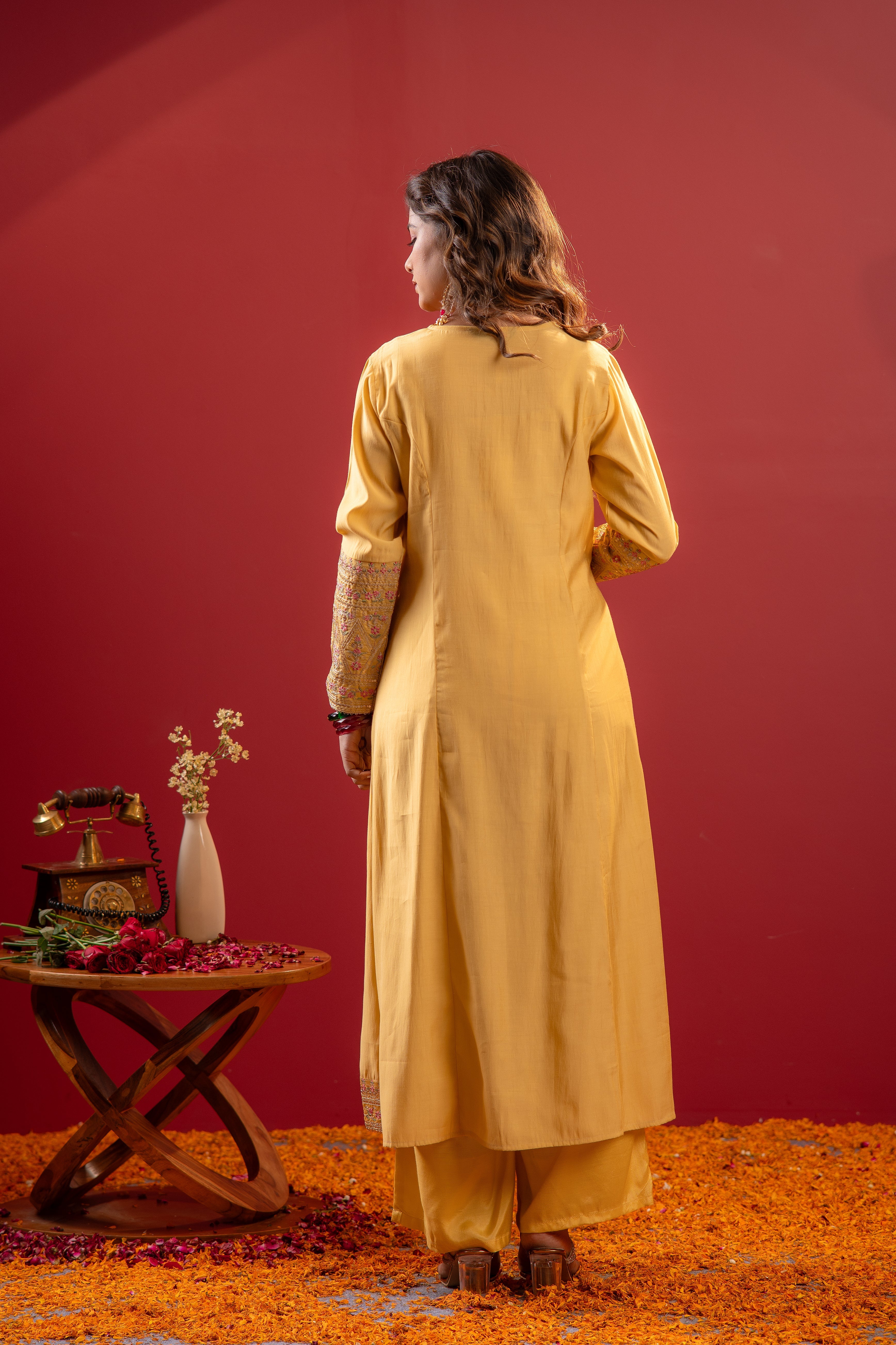 Yellow Viscose Solid A-Line Kurta With Pants & Dupatta Set With Zari, Sequence & Dori Work