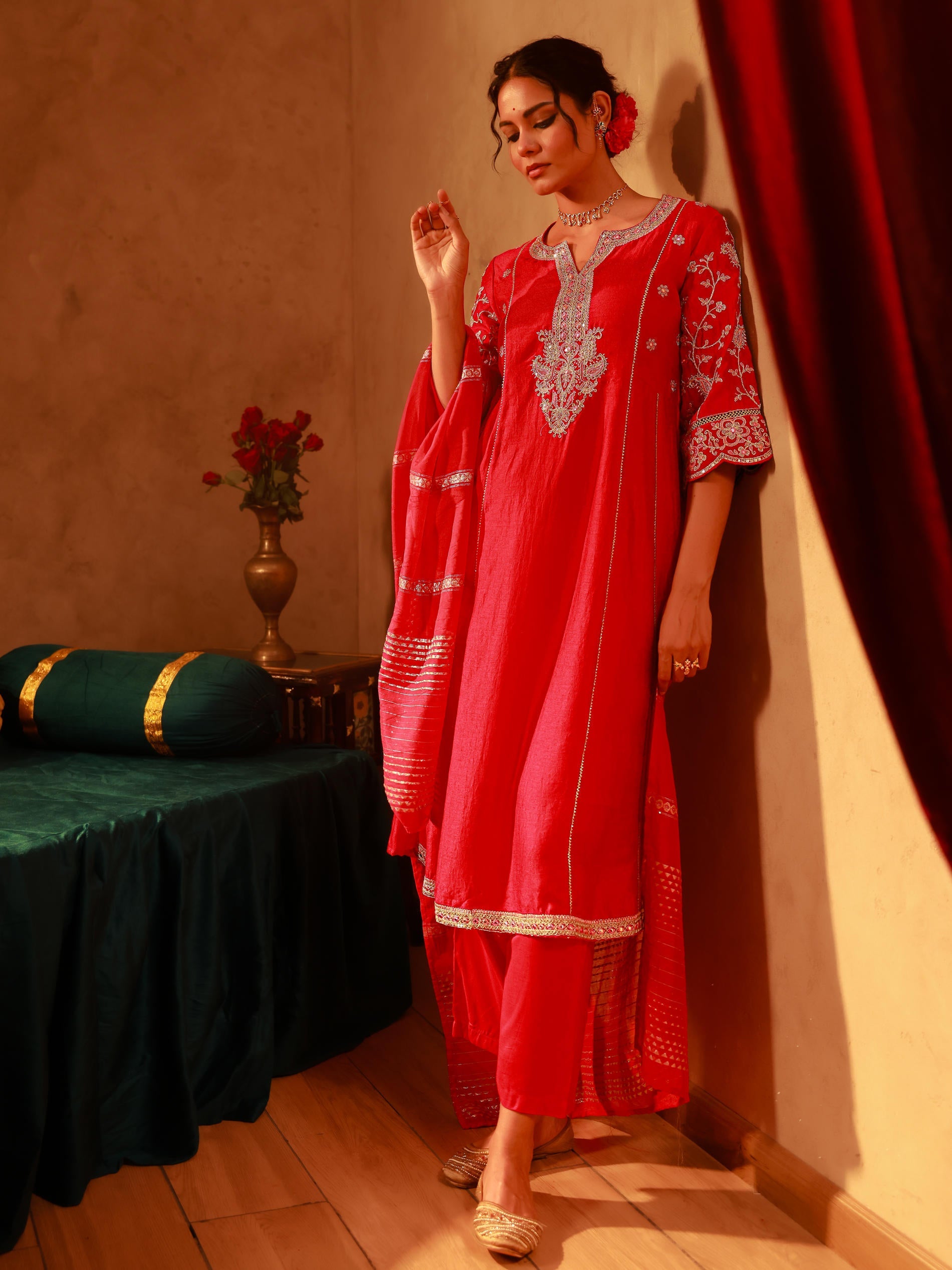Magenta Manmade Fiber Flared Kurta Pant And Dupatta Set with Zari, Mirror, Thread & Sequin Work