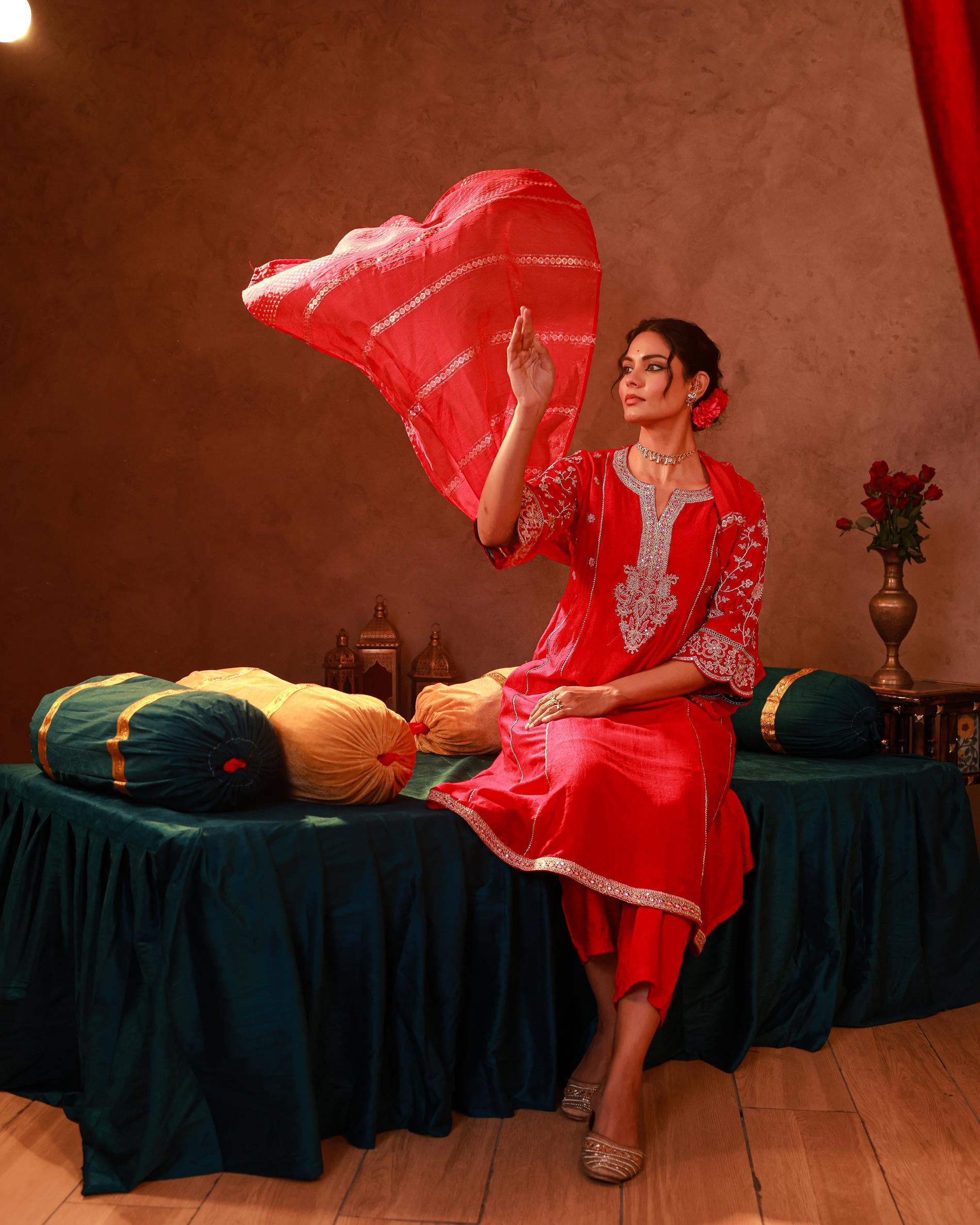 Magenta Manmade Fiber Flared Kurta Pant And Dupatta Set with Zari, Mirror, Thread & Sequin Work