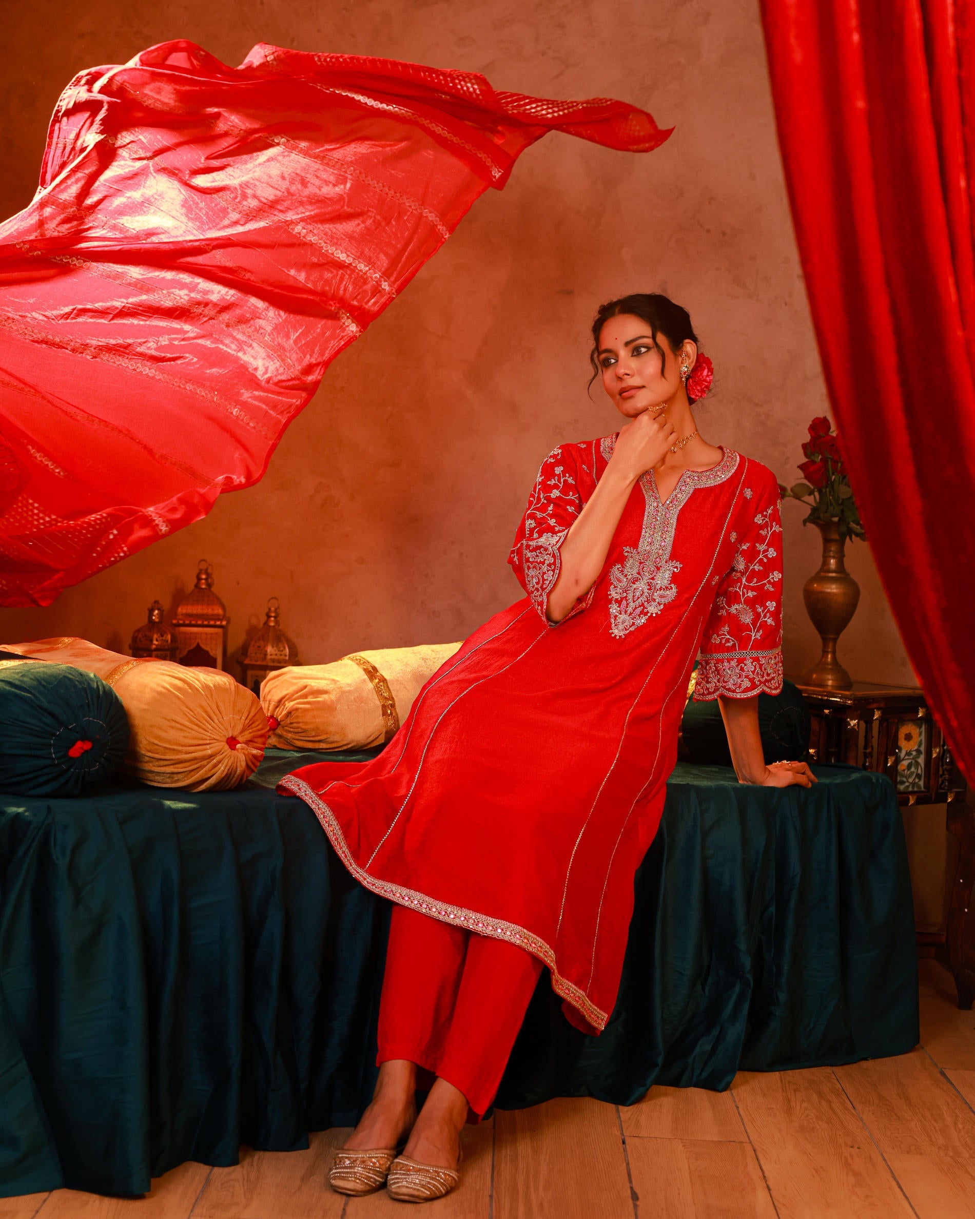 Magenta Manmade Fiber Flared Kurta Pant And Dupatta Set with Zari, Mirror, Thread & Sequin Work