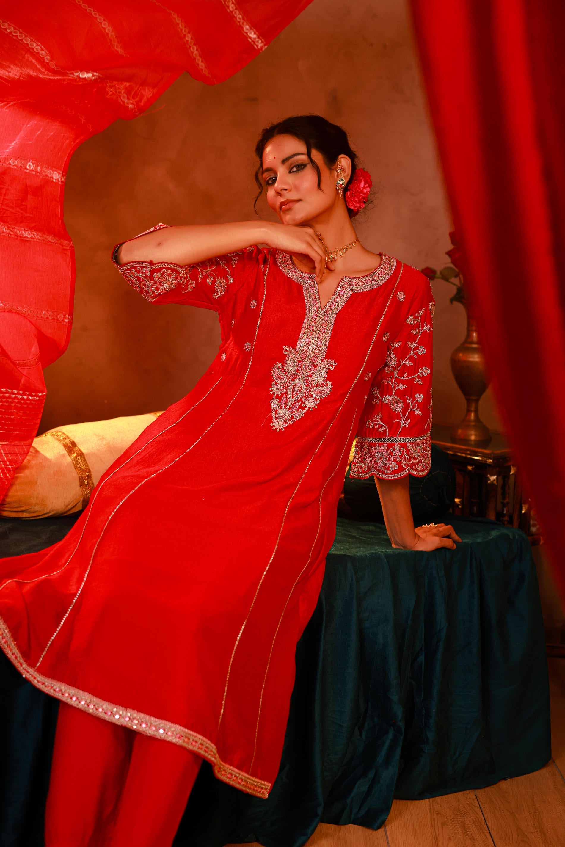 Magenta Manmade Fiber Flared Kurta Pant And Dupatta Set with Zari, Mirror, Thread & Sequin Work