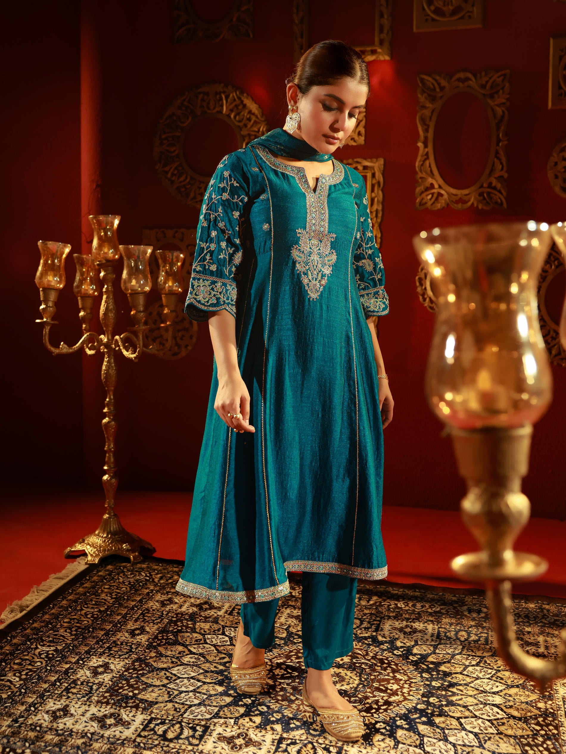 Turquoise Manmade Fiber Flared Kurta Pant And Dupatta Set with Zari, Mirror, Thread & Sequin Work