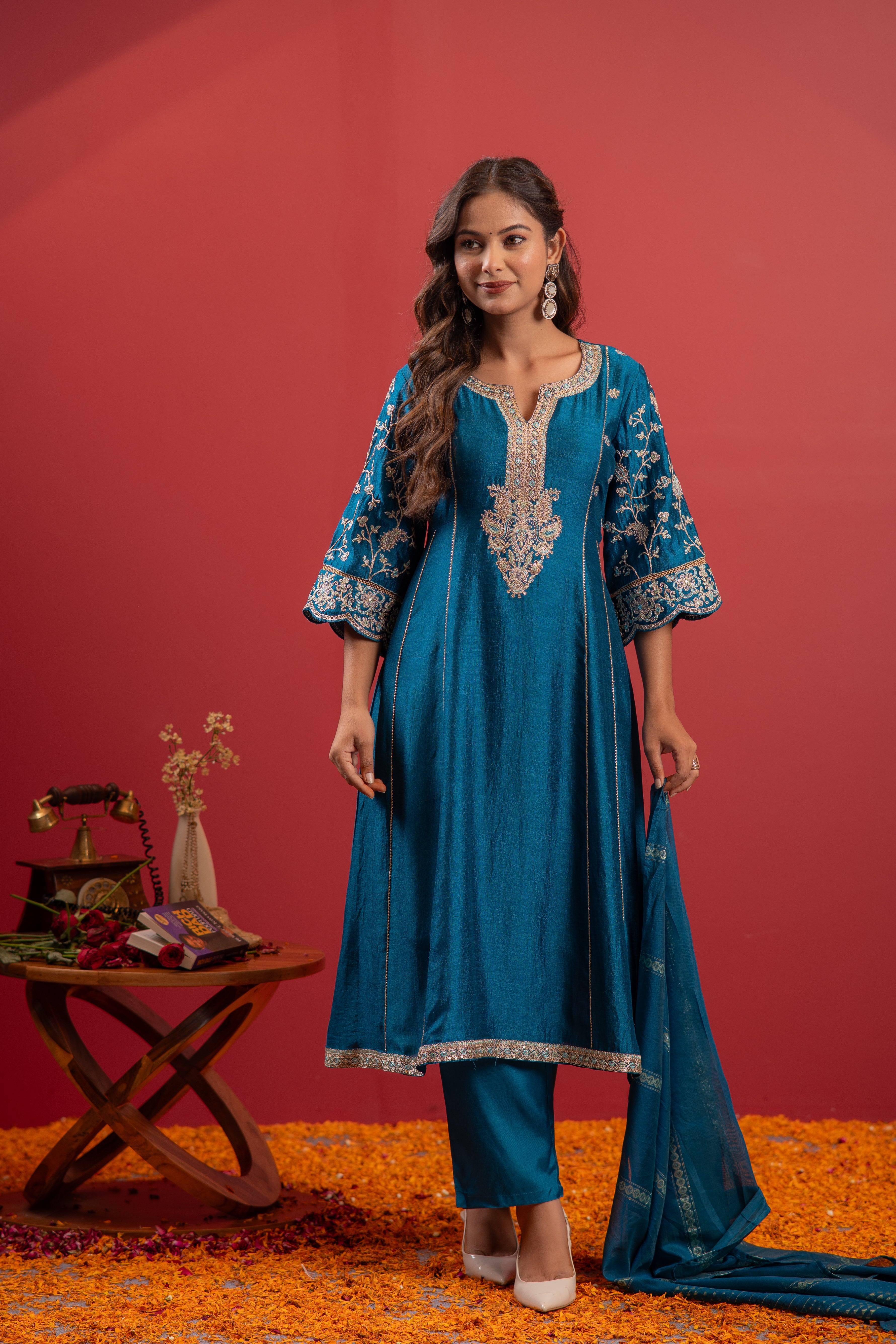 Turquoise Manmade Fiber Flared Kurta Pant And Dupatta Set with Zari, Mirror, Thread & Sequin Work