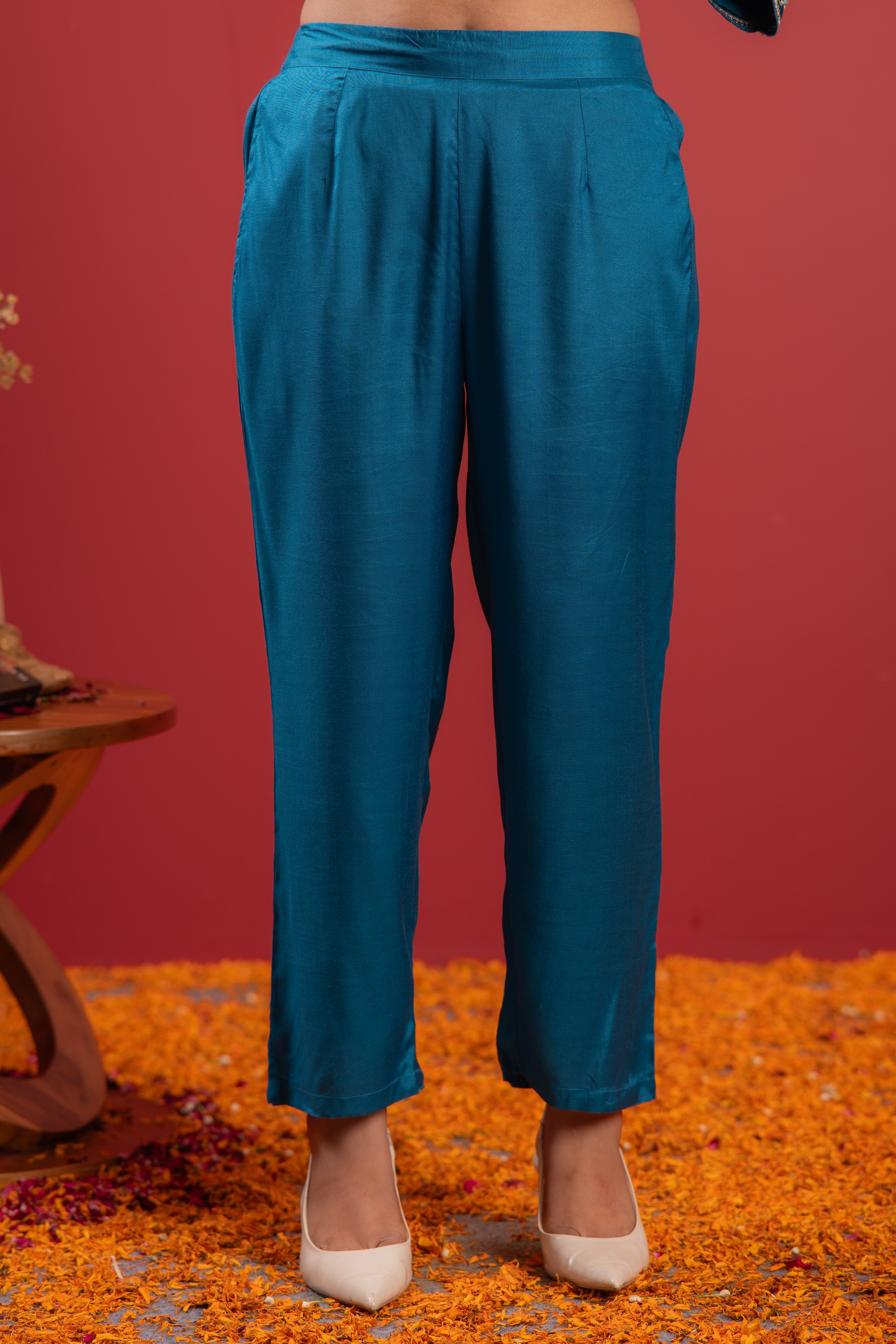 Turquoise Manmade Fiber Flared Kurta Pant And Dupatta Set with Zari, Mirror, Thread & Sequin Work