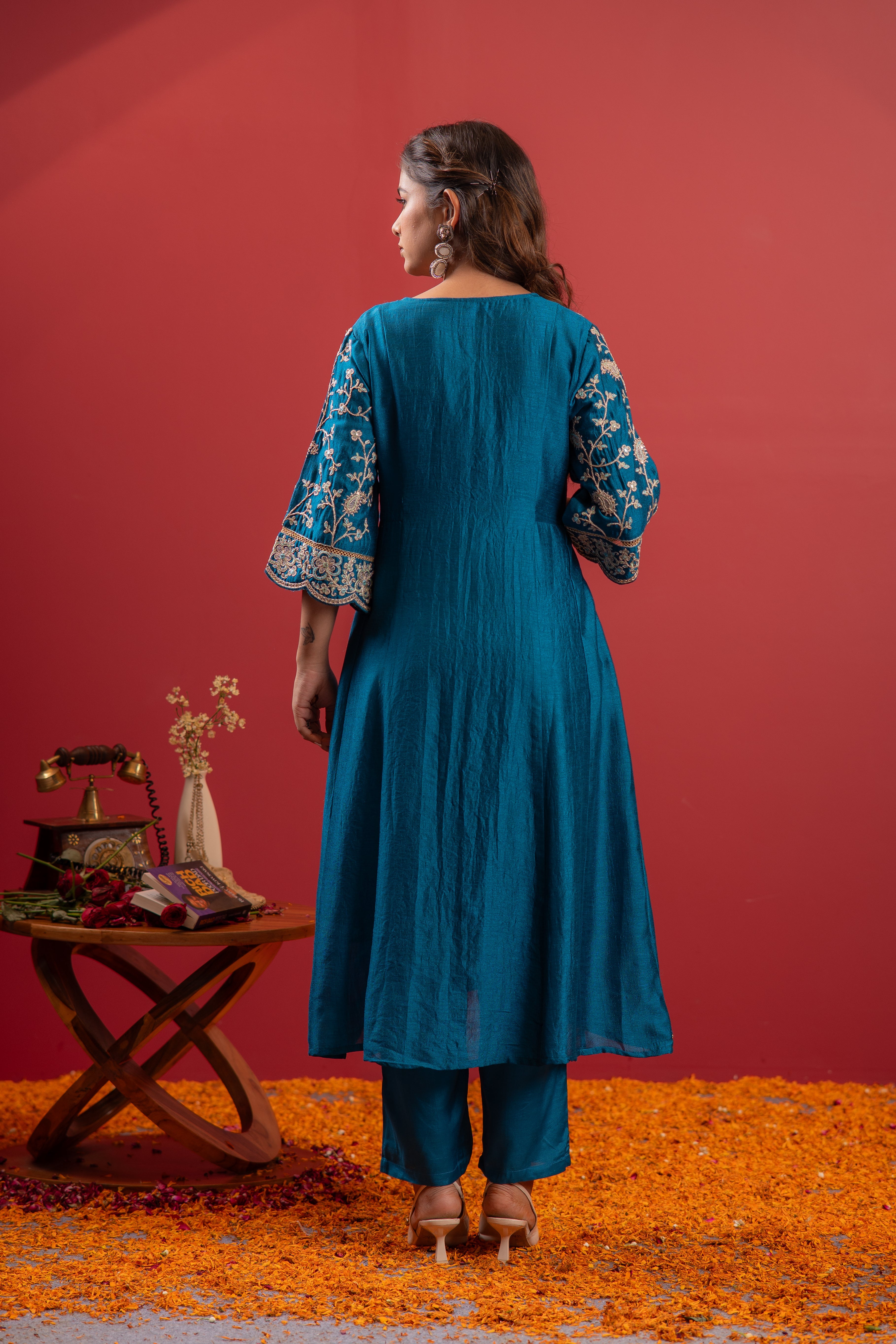 Turquoise Manmade Fiber Flared Kurta Pant And Dupatta Set with Zari, Mirror, Thread & Sequin Work
