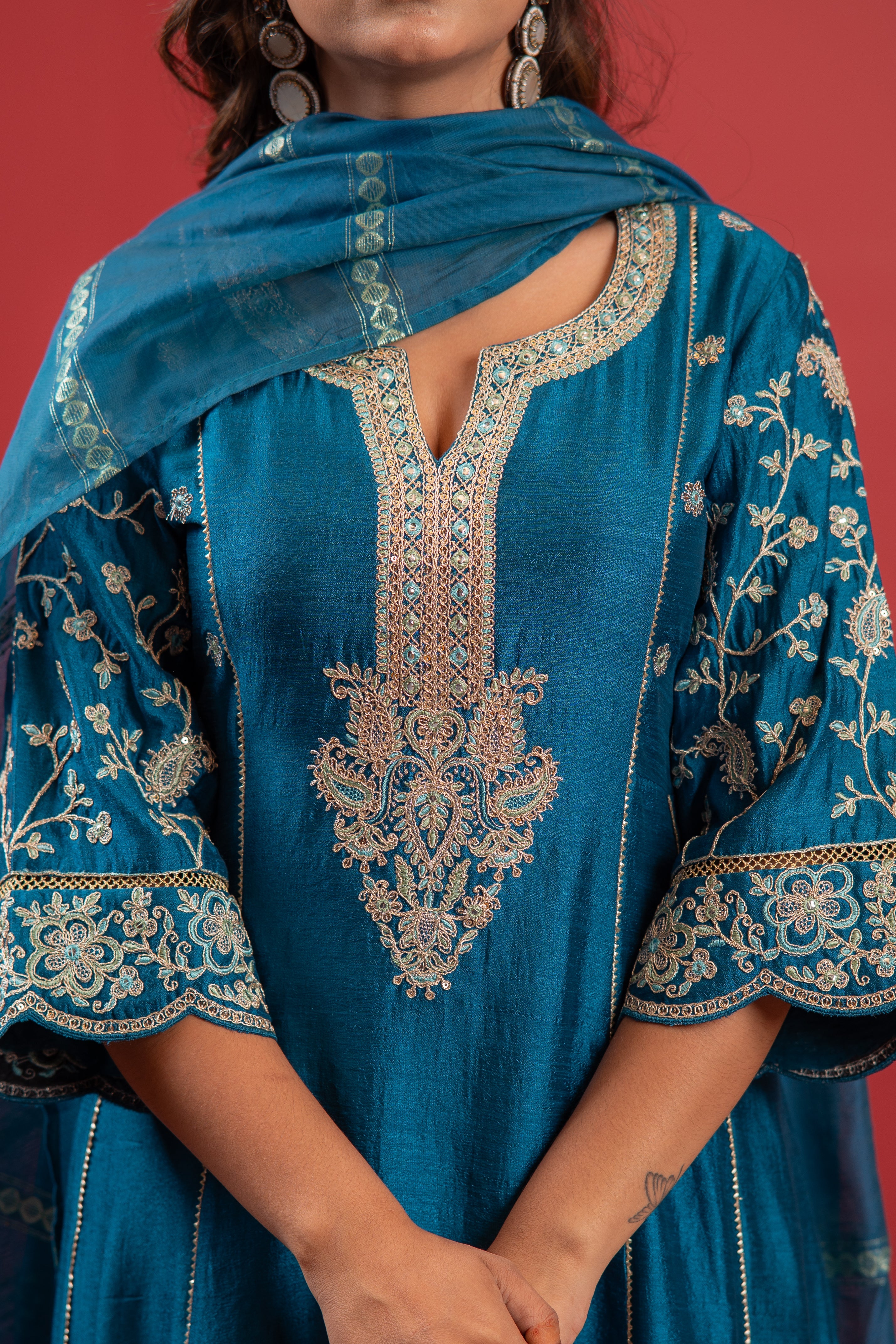 Turquoise Manmade Fiber Flared Kurta Pant And Dupatta Set with Zari, Mirror, Thread & Sequin Work