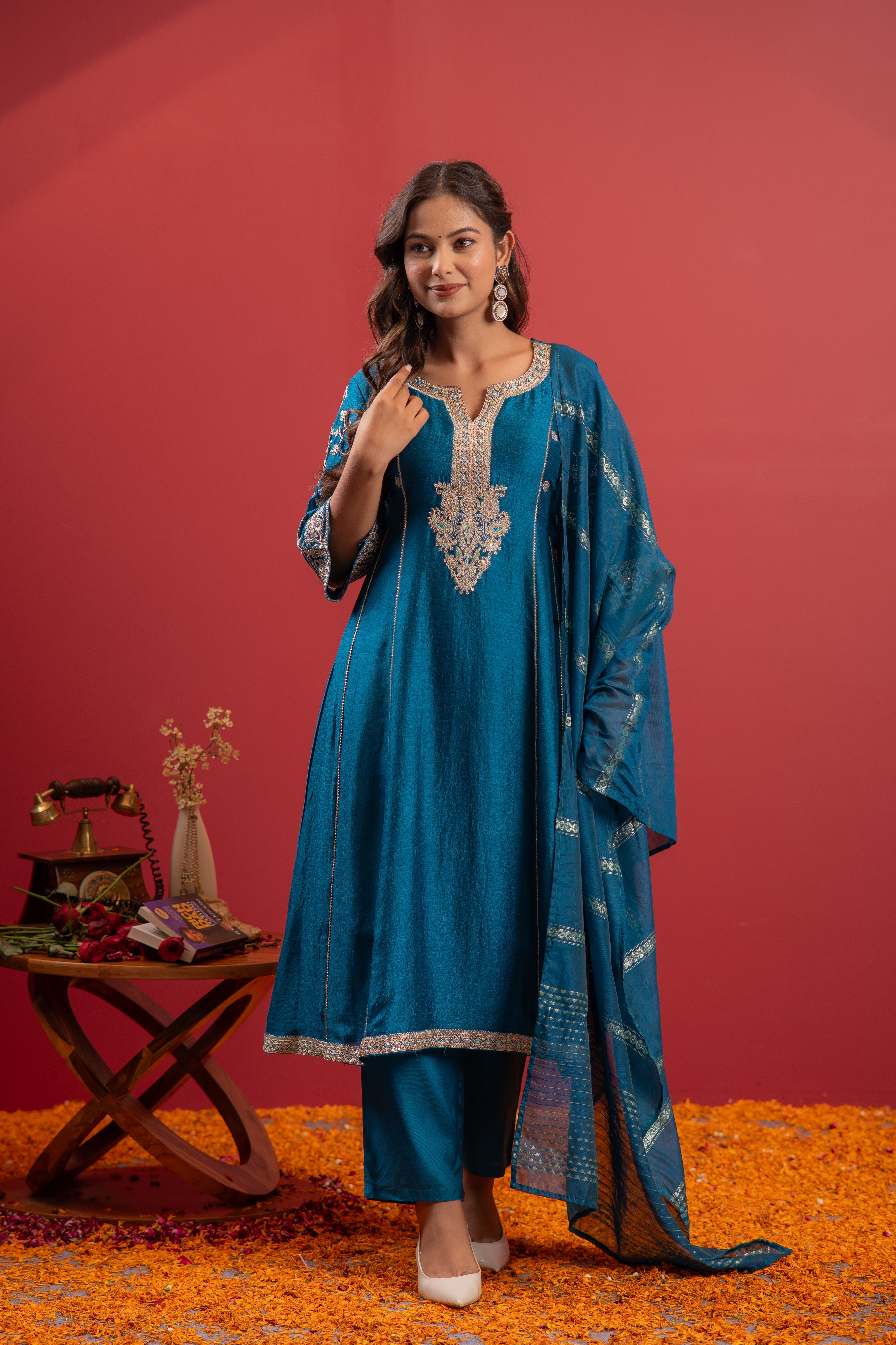 Turquoise Manmade Fiber Flared Kurta Pant And Dupatta Set with Zari, Mirror, Thread & Sequin Work