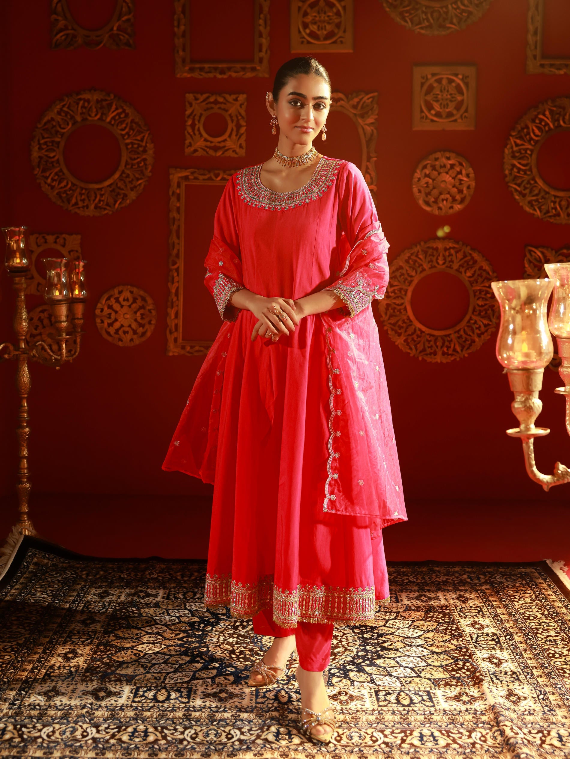 Fuchsia Blue Viscose Flared Kurta with Pants & Dupatta Set with Zari & Sequence Work