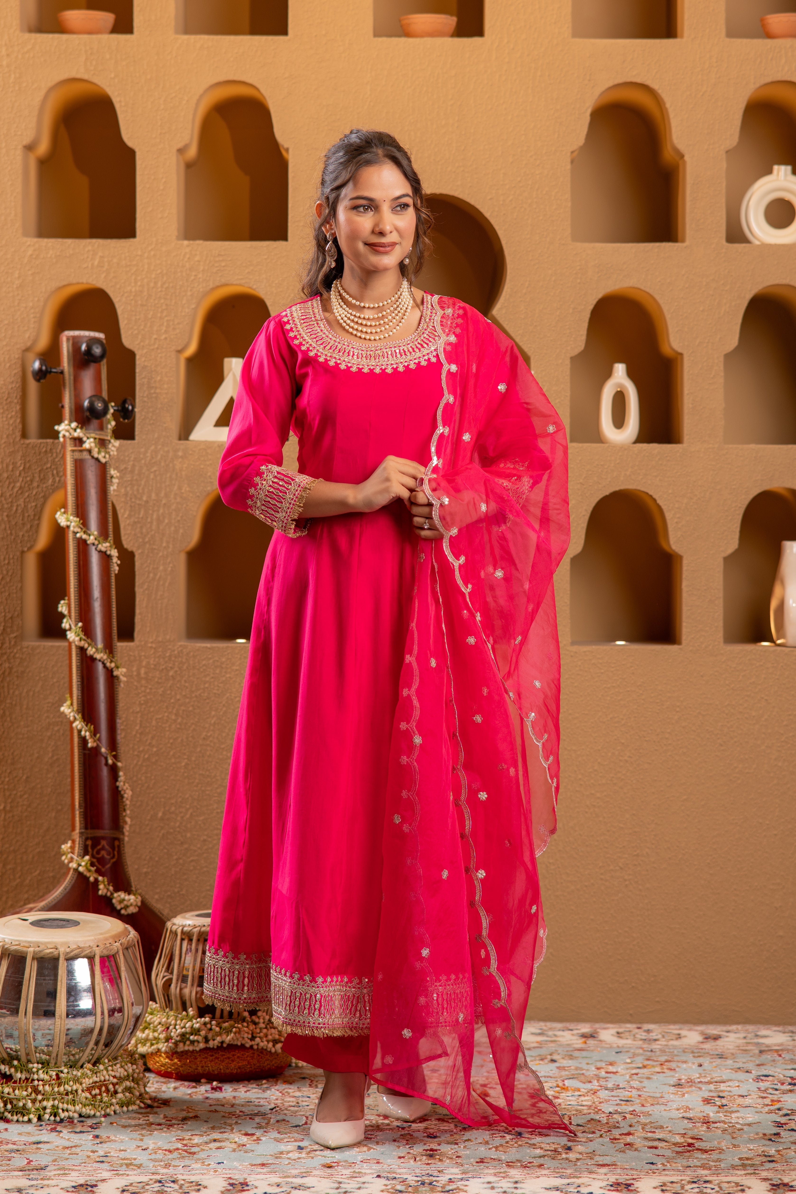 Fuchsia Blue Viscose Flared Kurta with Pants & Dupatta Set with Zari & Sequence Work