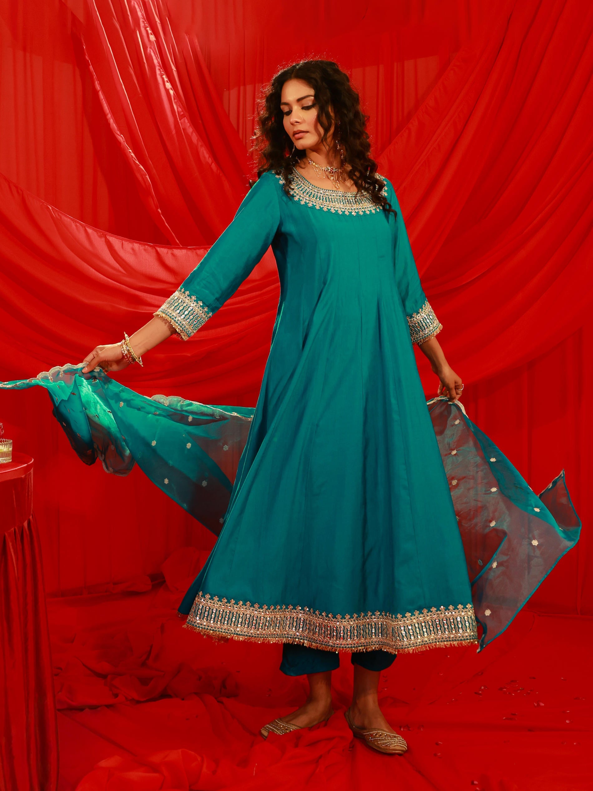 Aqua Blue Viscose Flared Kurta with Pants & Dupatta Set with Zari & Sequence Work