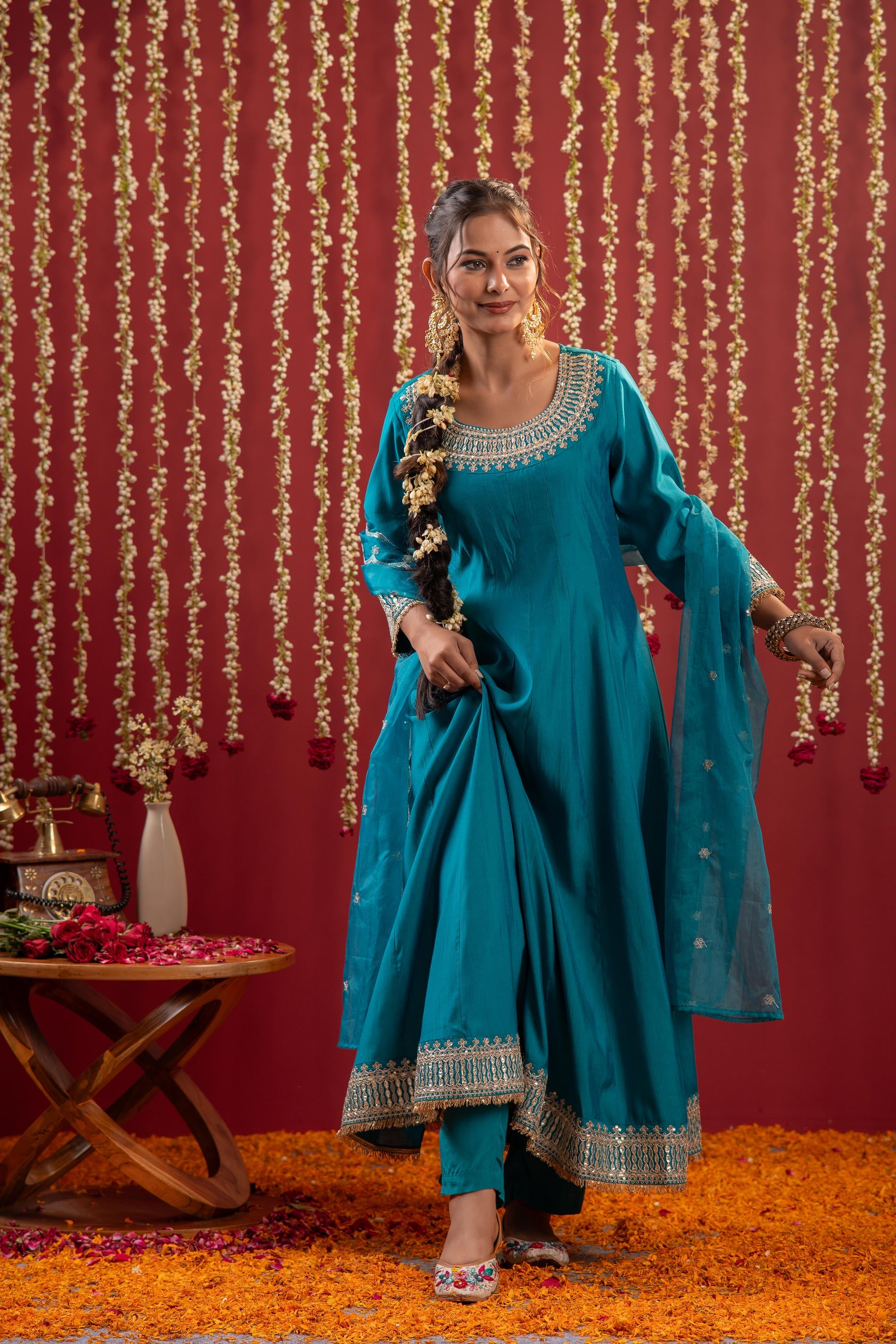 Aqua Blue Viscose Flared Kurta with Pants & Dupatta Set with Zari & Sequence Work