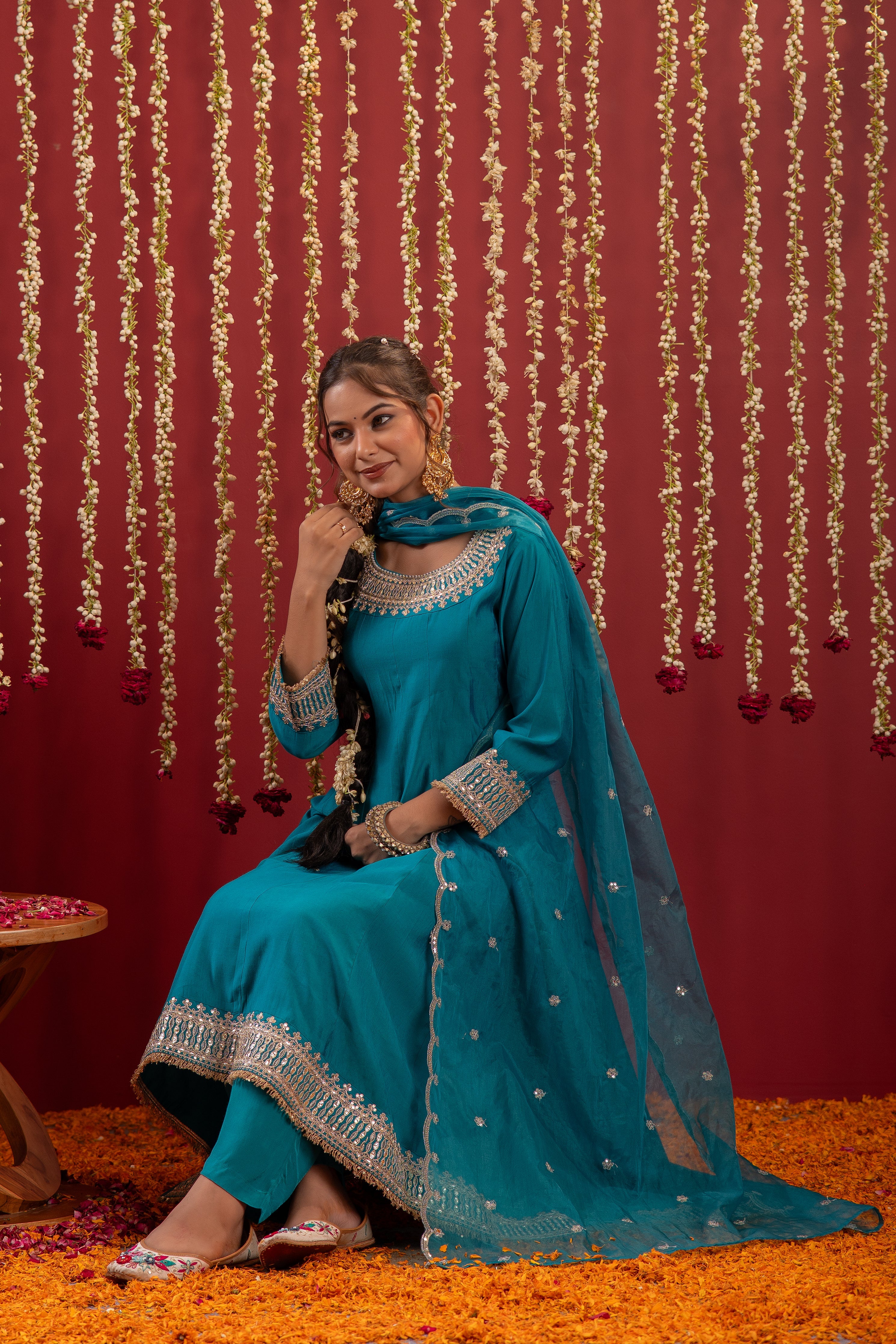 Aqua Blue Viscose Flared Kurta with Pants & Dupatta Set with Zari & Sequence Work