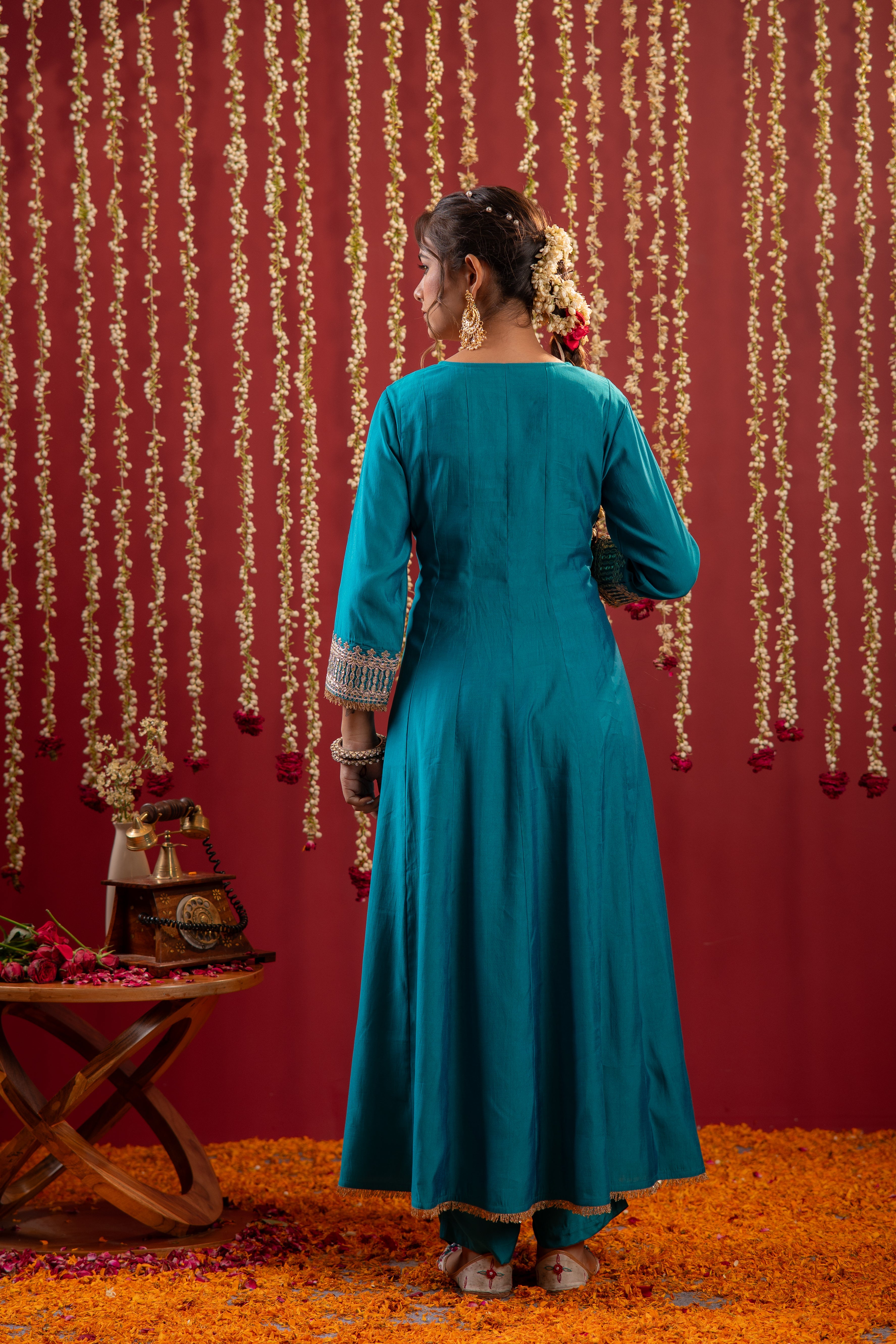 Aqua Blue Viscose Flared Kurta with Pants & Dupatta Set with Zari & Sequence Work