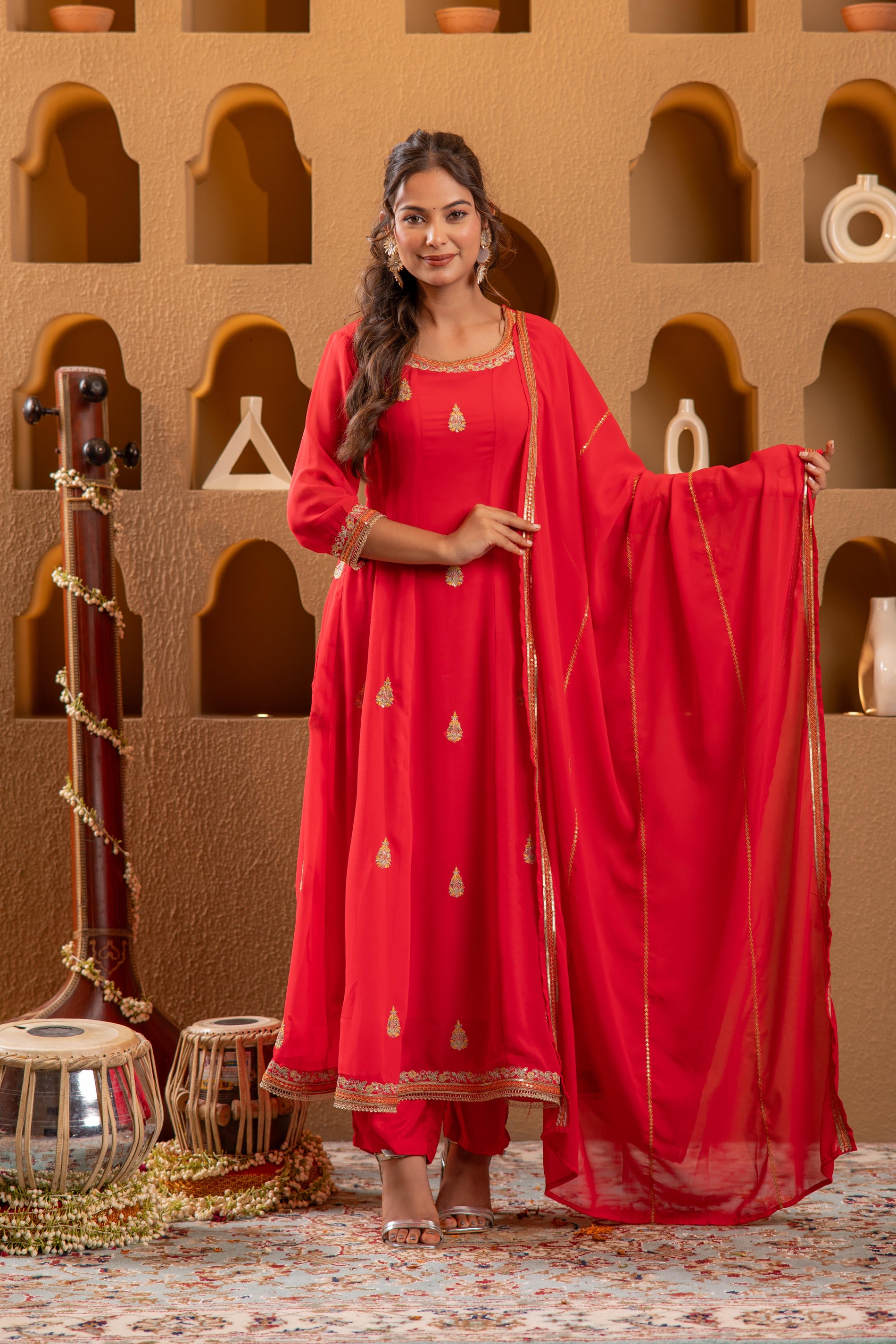 red Kurta Pant And Dupatta Set