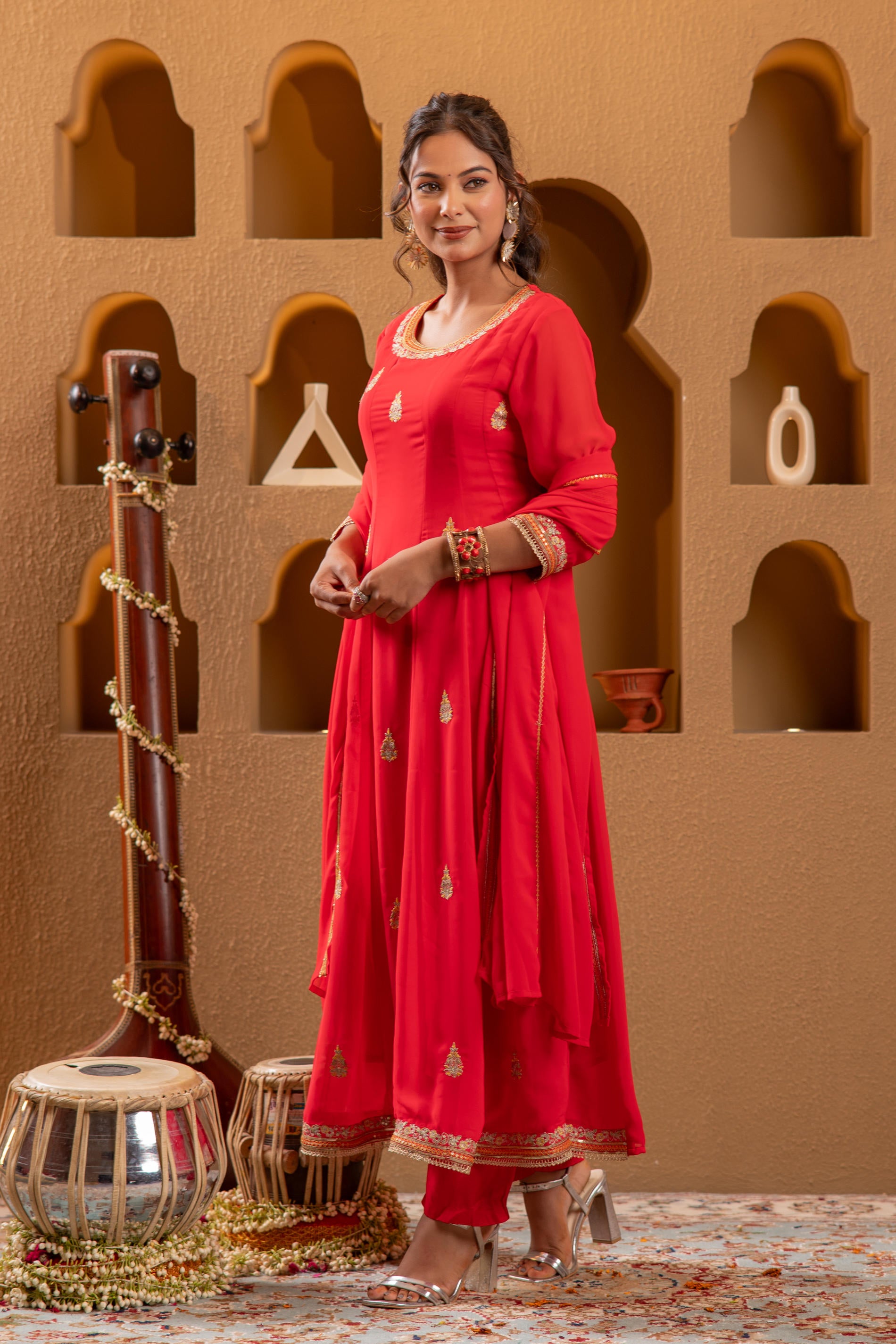 red Kurta Pant And Dupatta Set
