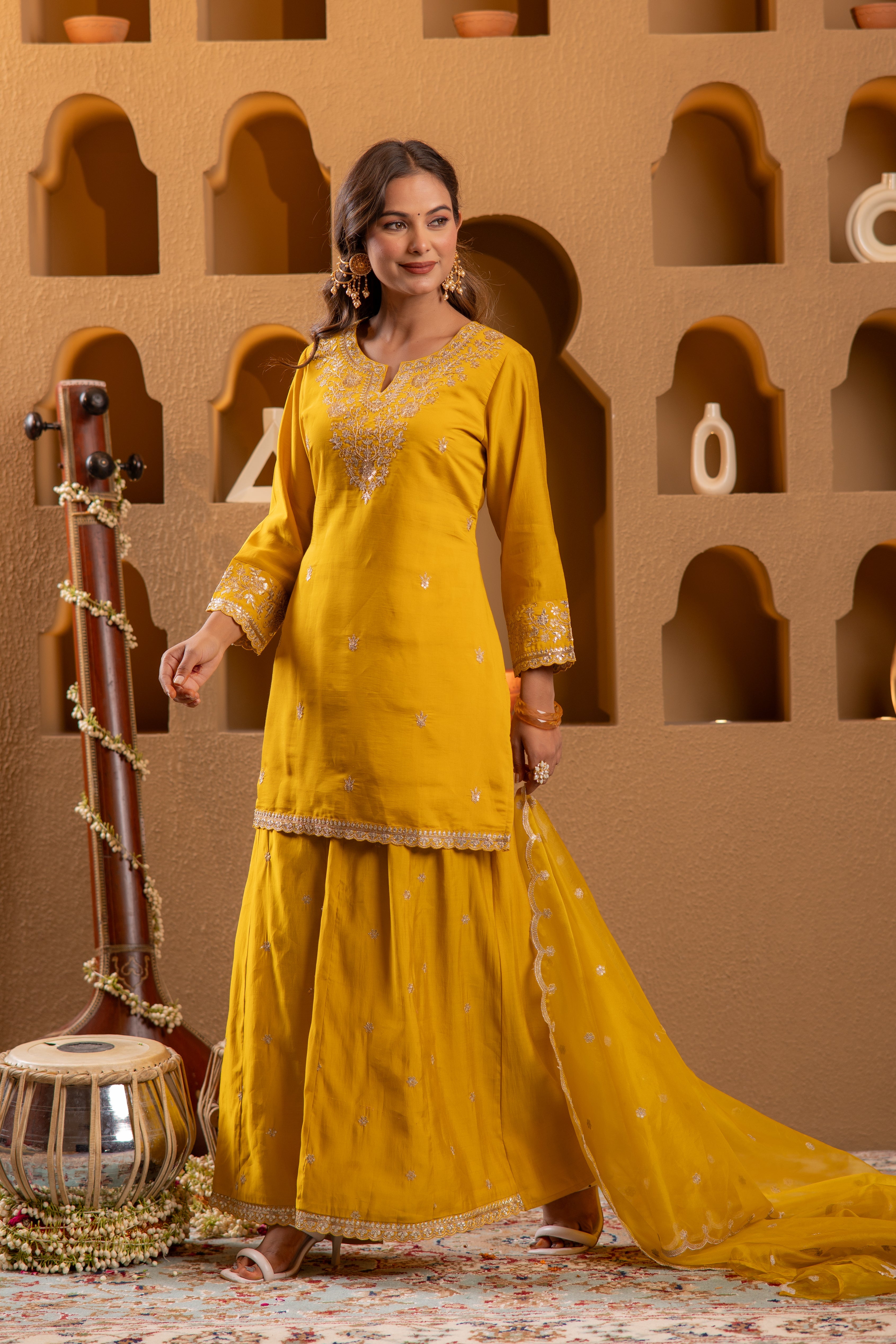 Mustard Viscose Flared Kurta with Palazzo & Dupatta Set with Mirror, Thread & Zari Work