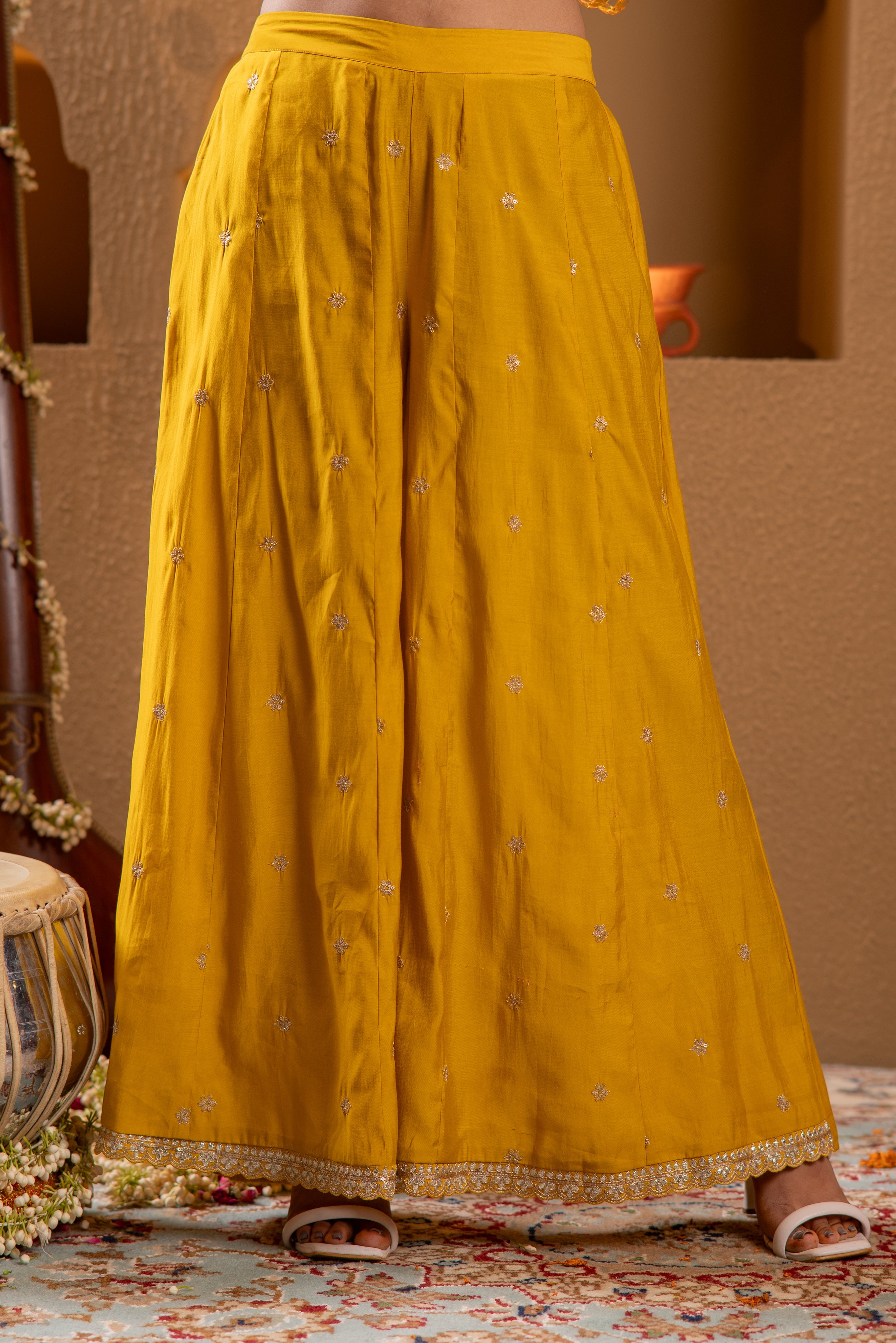 Mustard Viscose Flared Kurta with Palazzo & Dupatta Set with Mirror, Thread & Zari Work