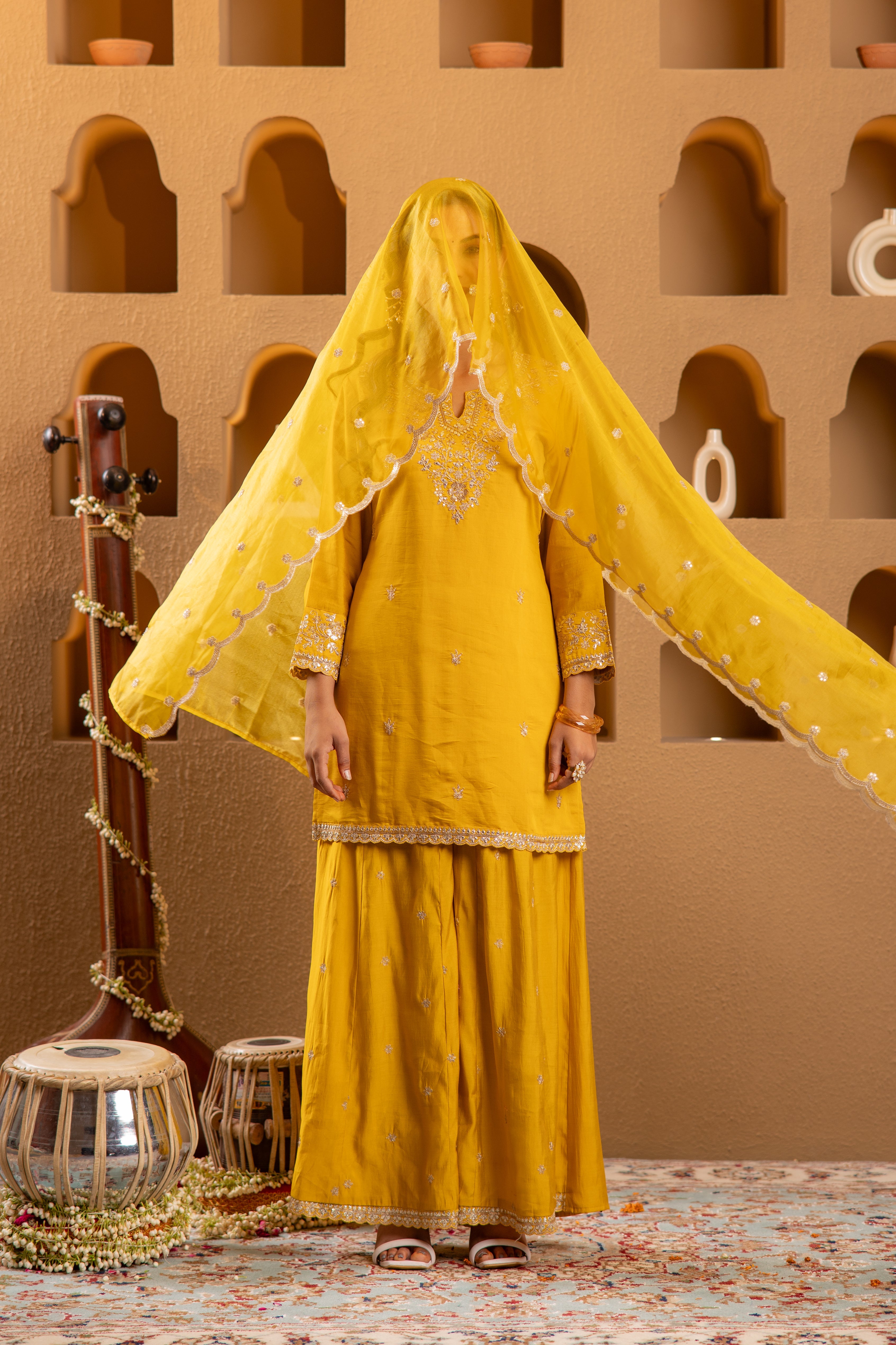 Mustard Viscose Flared Kurta with Palazzo & Dupatta Set with Mirror, Thread & Zari Work