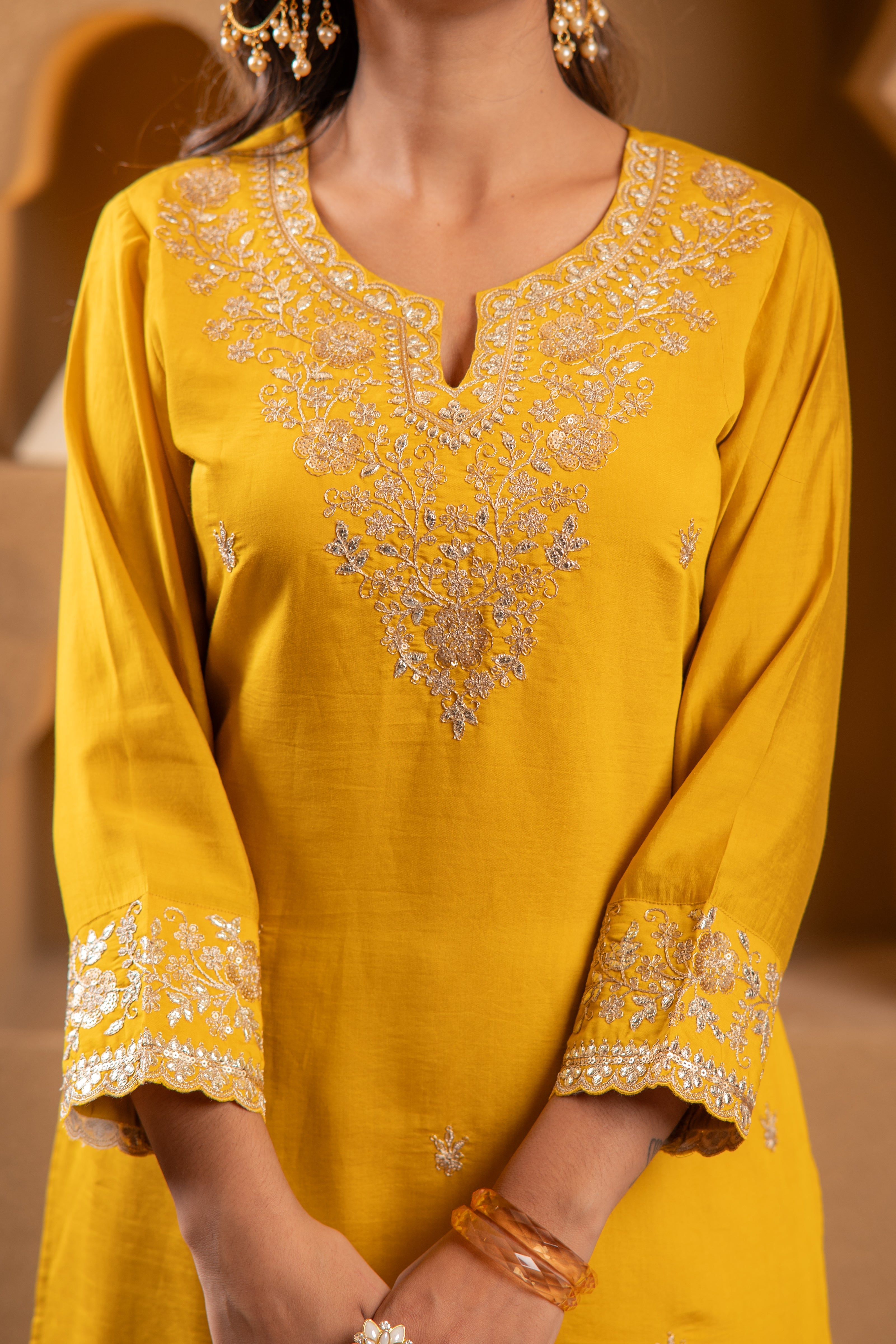 Mustard Viscose Flared Kurta with Palazzo & Dupatta Set with Mirror, Thread & Zari Work