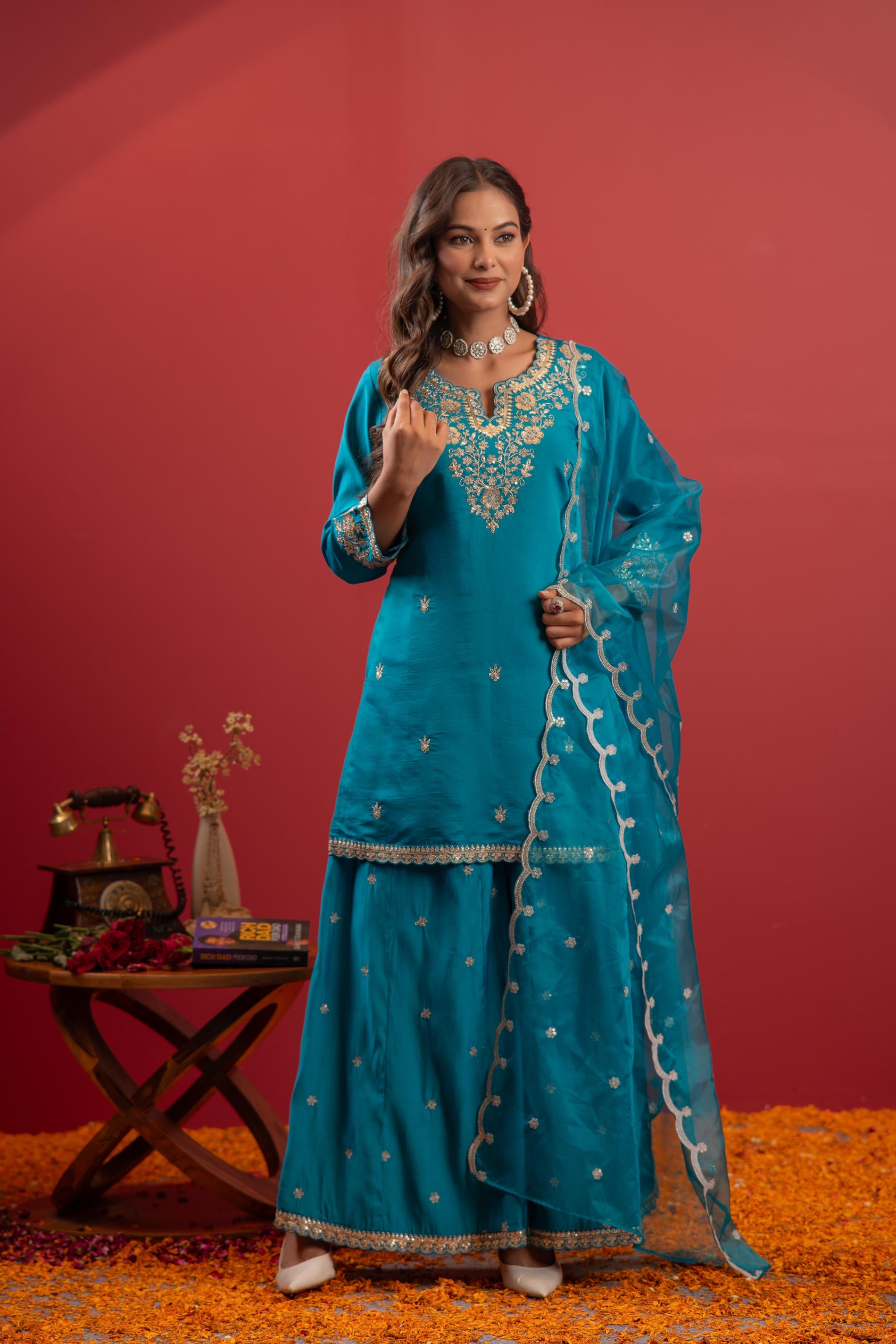 Ramagreen Embroidered Kurta With Palazzo & Dupatta Set