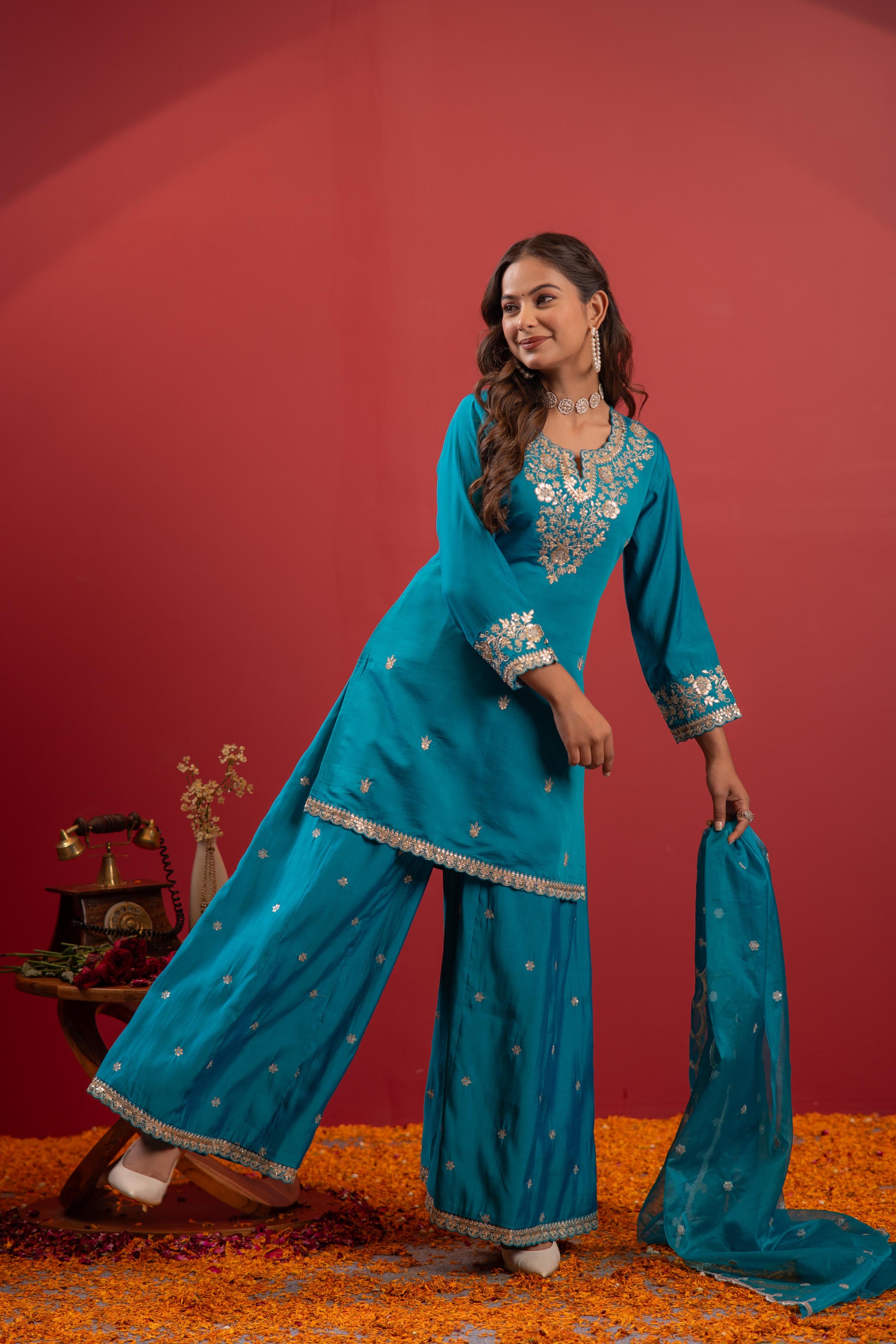 Ramagreen Embroidered Kurta With Palazzo & Dupatta Set