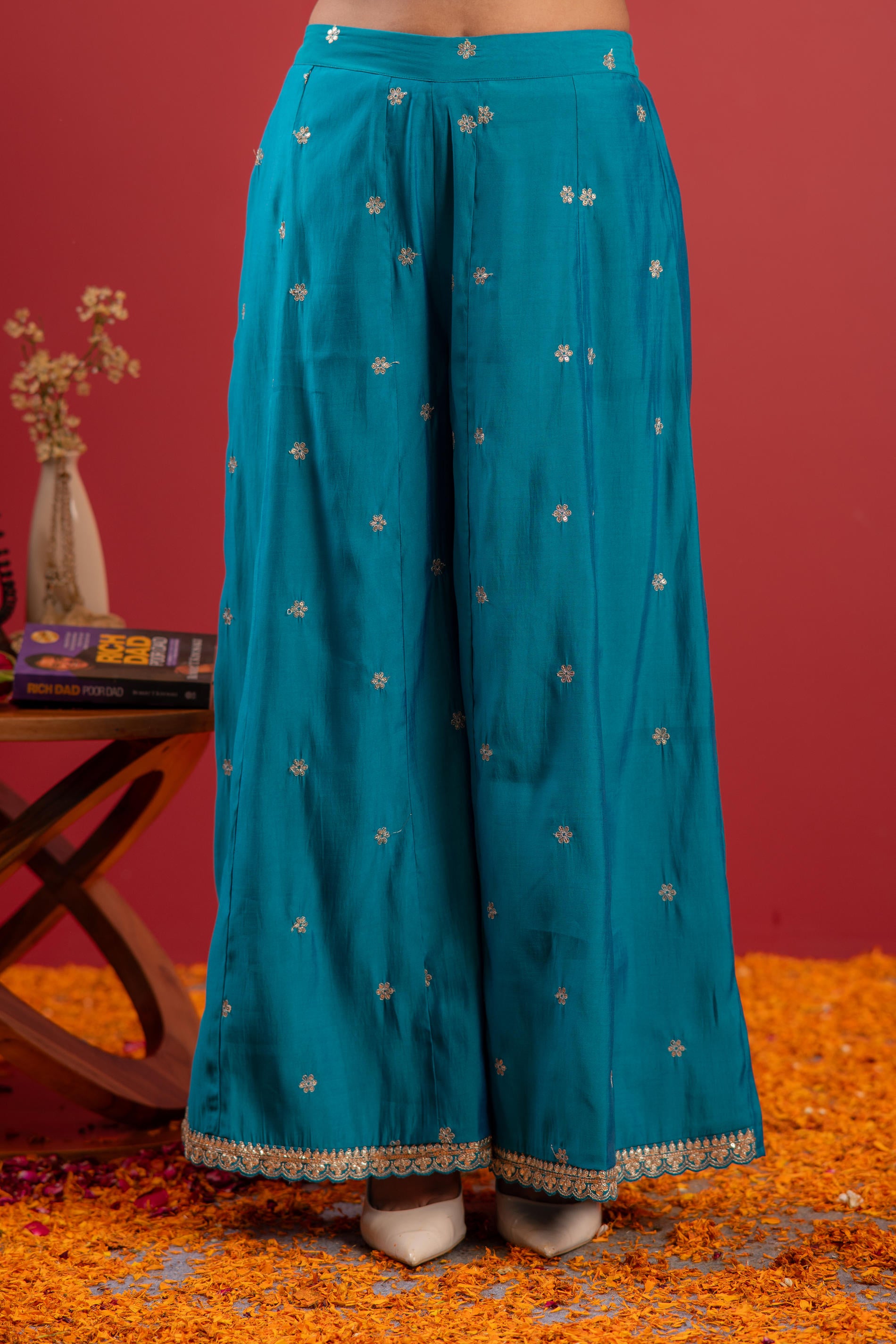 Ramagreen Embroidered Kurta With Palazzo & Dupatta Set
