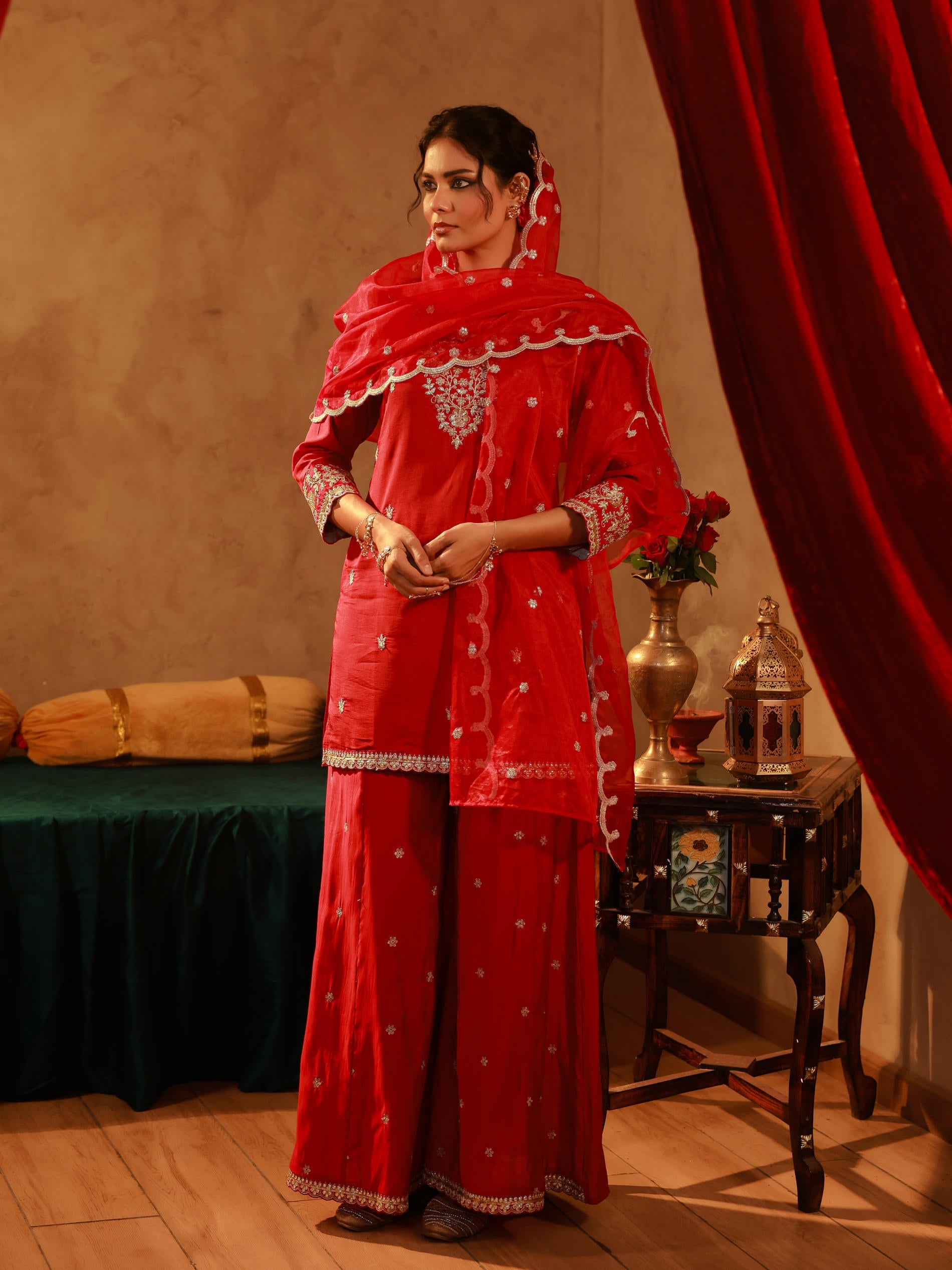 Red Viscose Flared Kurta with Palazzo & Dupatta Set with Mirror, Thread & Zari Work