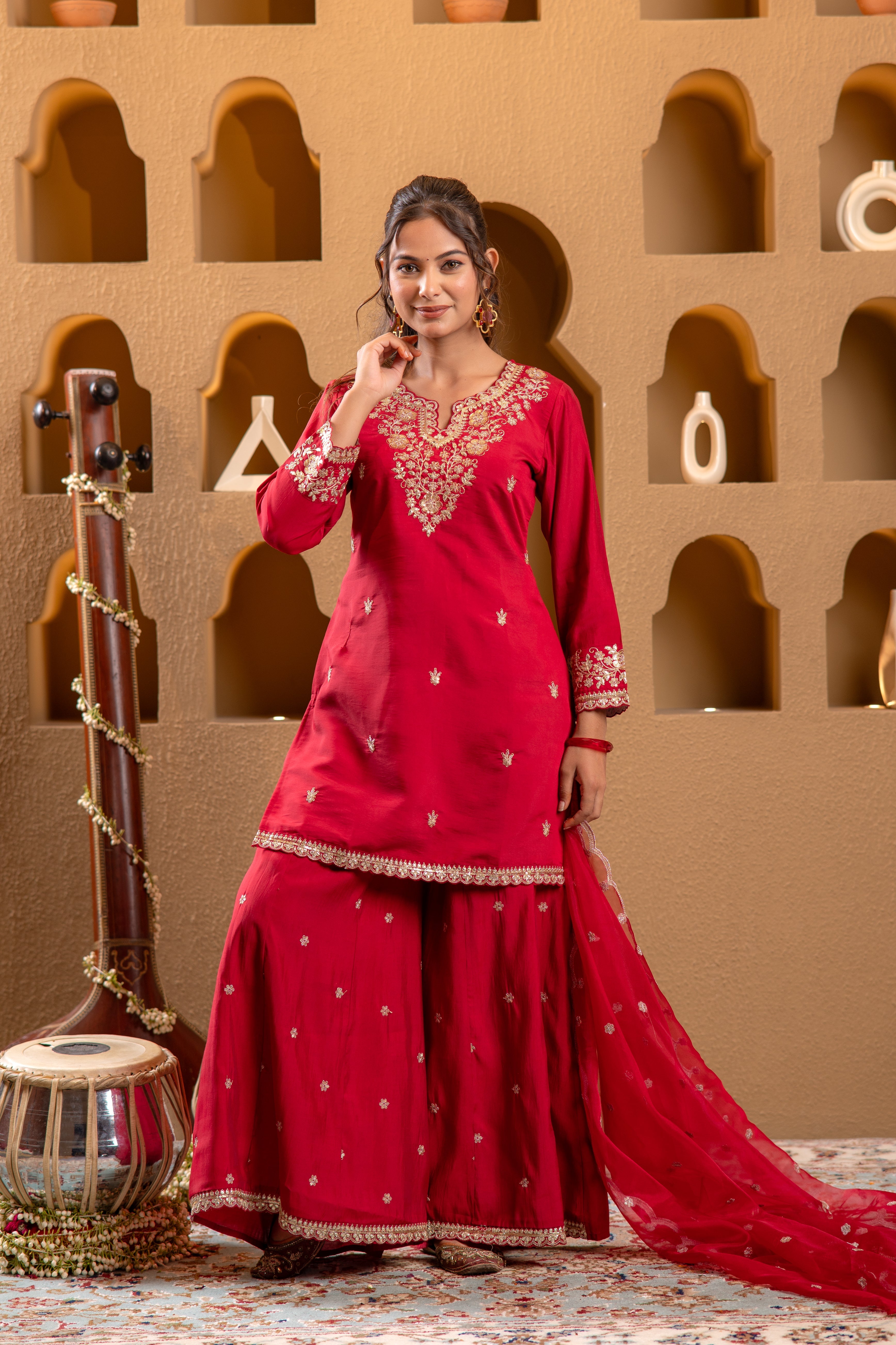 Red Viscose Flared Kurta with Palazzo & Dupatta Set with Mirror, Thread & Zari Work