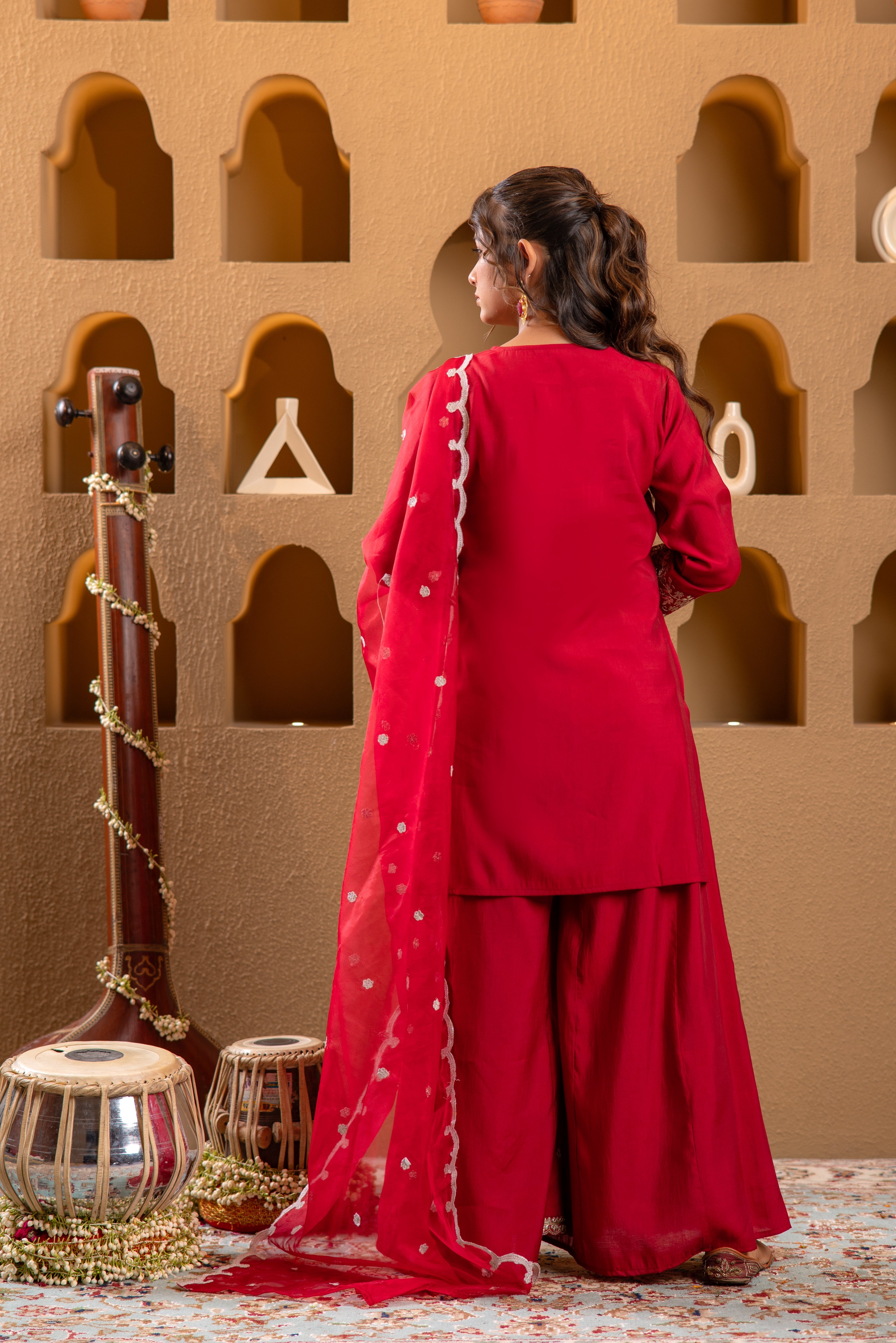 Red Viscose Flared Kurta with Palazzo & Dupatta Set with Mirror, Thread & Zari Work