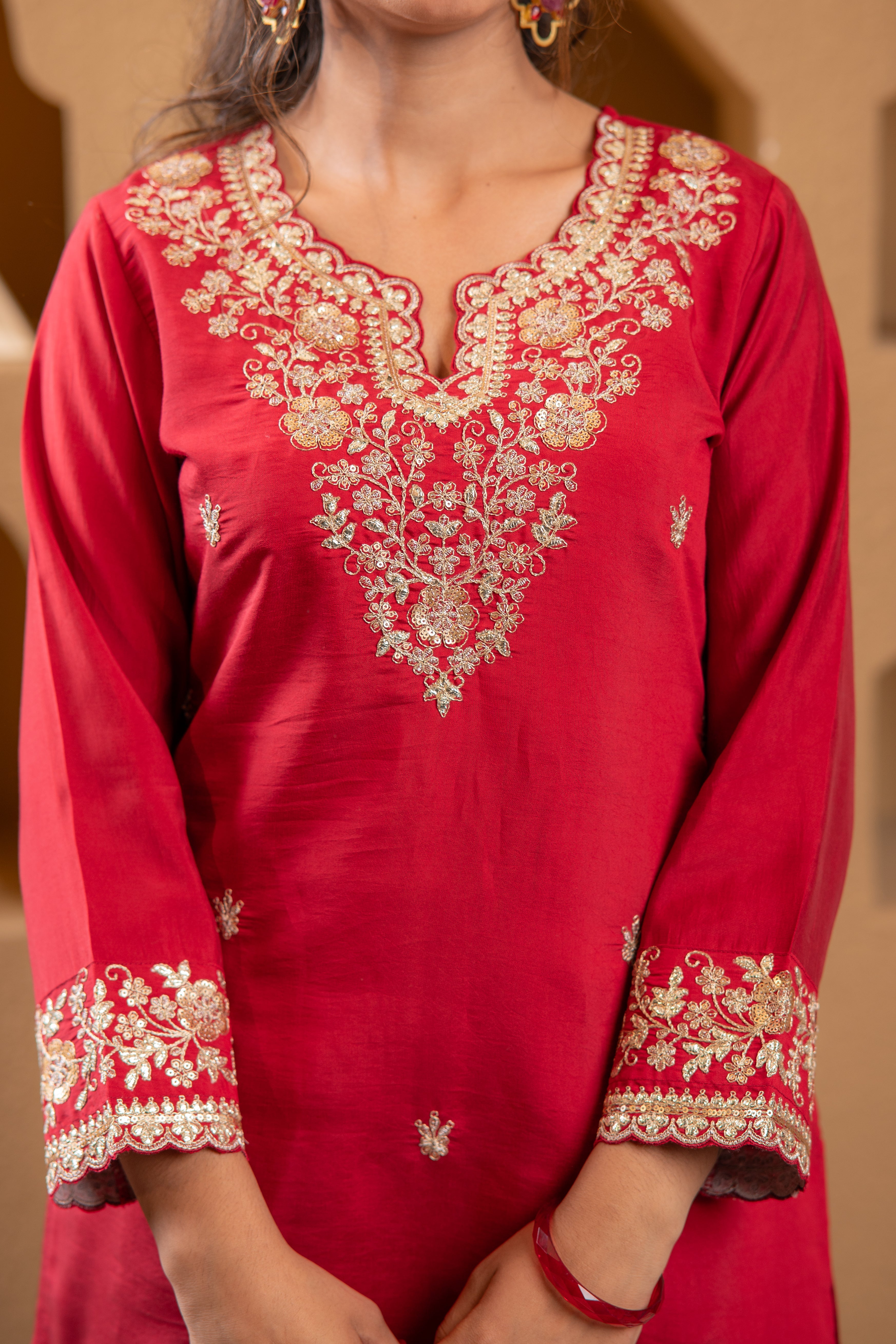 Red Viscose Flared Kurta with Palazzo & Dupatta Set with Mirror, Thread & Zari Work