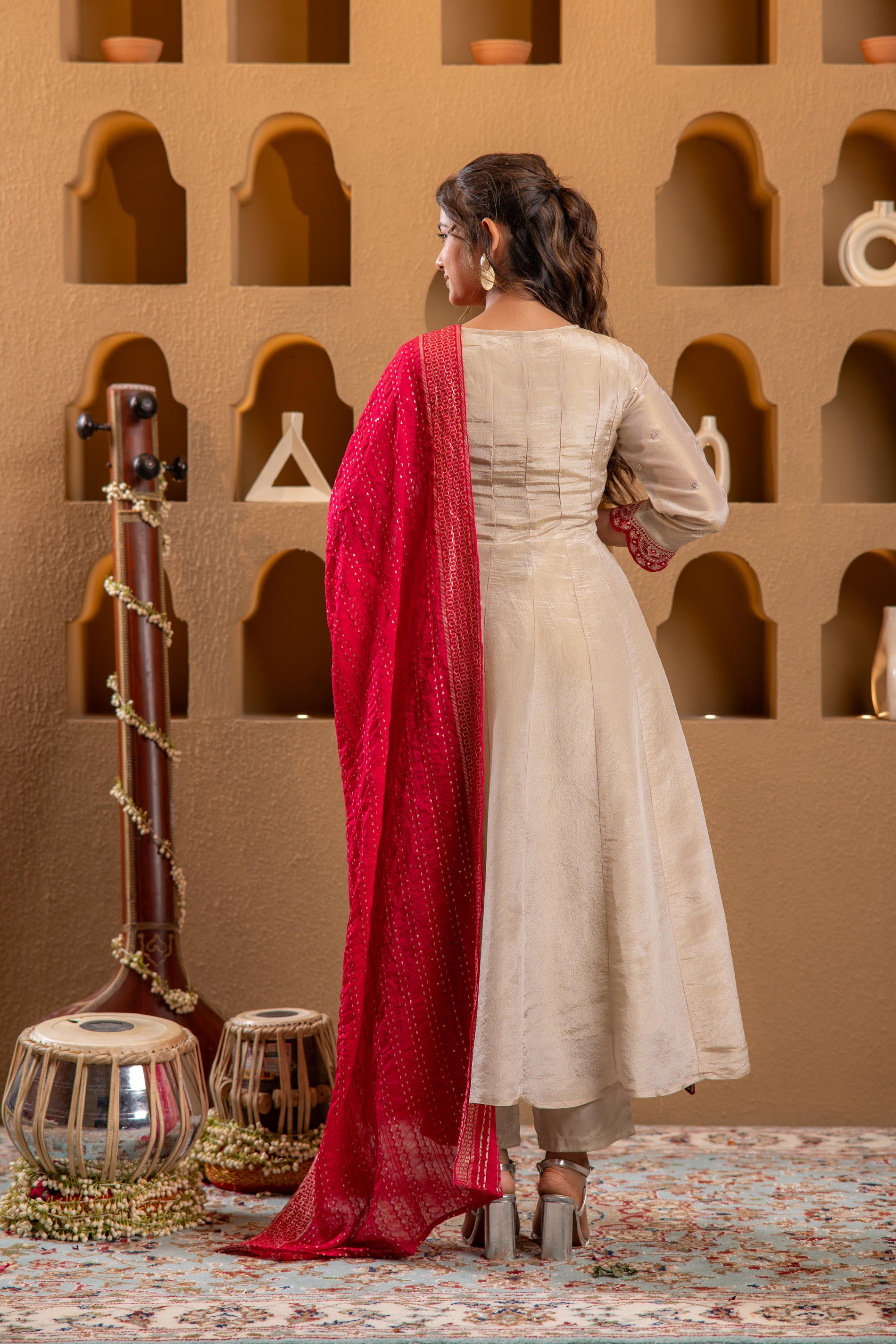 Ivory Anarkali Kurta Set with Pink Thread Embroidery & Dupatta