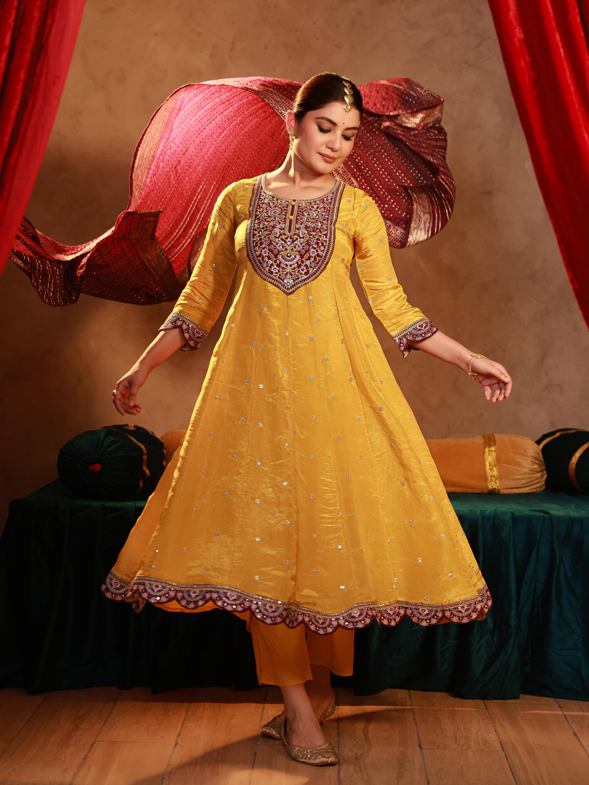 Mustard Nylon Flared Kurta Pant And Dupatta Set with Zari, Mirror, Thread & Sequin Work