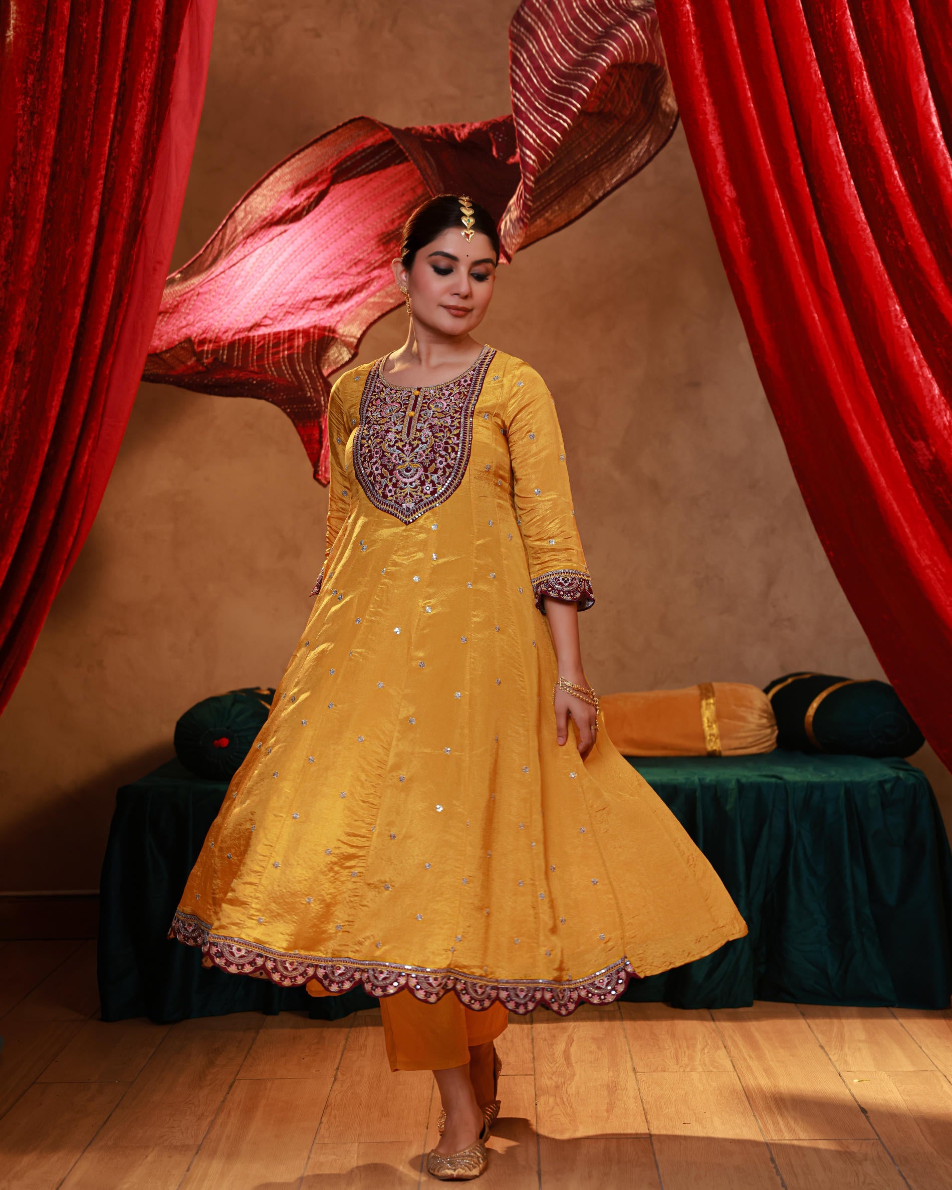 Mustard Nylon Flared Kurta Pant And Dupatta Set with Zari, Mirror, Thread & Sequin Work